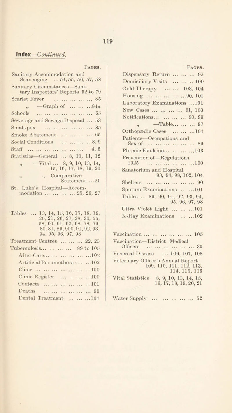 Index—Continued. Pages. Sanitary Accommodation and Scavenging ... 54,55, 56, 57, 58 Sanitary Circumstances—Sani¬ tary Inspectors’ Reports 52 to 79 Scarlet Fever . 85 ,, —Graph of .84a Schools . 65 Sewerage and Sewage Disposal ... 53 Small-pox . 85 Smoke Abatement . 65 Social Conditions .8, 9 Staff . 4, 5 Statistics—General ... 8, 10, 11, 12 „ —Vital ... 8, 9, 10, 13, 14, 15, 16, 17, 18, 19, 20 ,, ,, Comparative Statement ...21 St. Luke’s Hospital—Accom¬ modation . 25, 26, 27 Tables ... 13, 14, 15, 16, 17, 18, 19, 20, 21, 26, 27, 28, 30, 55, 58, 60, 61, 62, 68, 78, 79, 80,81, 89, 900,91,92,93, 94, 95, 96, 97, 98 Treatment Centres .22, 23 Tuberculosis. 89 to 105 After Care.102 Artificial Pneumothorax.102 Clinic .100 Clinic Register .100 Contacts .101 Deaths . 99 Dental Treatment .104 Pages. Dispensary Return . 92 Domiciliary Visits .100 Gold Therapy . 103, 104 Housing .90, 101 Laboratory Examinations ... 101 New Cases. 91, 100 Notifications. 90, 99 „ —Table. 97 Orthopaedic Cases .104 Patients—Occupations and Sex of . 89 Phrenic Evulsion.103 Prevention of—Regulations 1925 100 Sanatorium and Hospital 93, 94, 98, 102, 104 Shelters . 90 Sputum Examinations .101 Tables ... 89, 90, 91, 92, 93, 94, 95, 96, 97, 98 Ultra Violet Light .101 X-Ray Examinations .102 Vaccination. 105 Vaccination—District Medical Officers . 30 Venereal Disease ... 106, 107, 108 Veterinary Officer’s Annual Report 109, 110, 111, 112, 113, 114, 115, 116 Vital Statistics 8, 9, 10, 13, 14, 15, 16, 17, 18, 19, 20, 21 Water Supply . 52