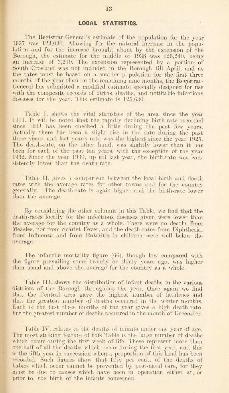 LOCAL STATISTICS. The Registrar-General’s estimate of the population for the year 1937 was 123,030. Allowing for the natural increase in the popu¬ lation and for the increase brought about by the extension of the Borough, the estimate for the middle of 1938 was 126,240, being an increase of 3,210. The extension represented by a portion of South Crosland was not included in the Borough till April, and as the rates must be based on a smaller population for the first three months of the year than on the remaining nine months, the Registrar- General has submitted a modified estimate specially designed for use with the composite records of births, deaths, and notifiable infectious diseases for the year. This estimate is 125,630. Table I. shows the vital statistics of the area since the year 1911. It will be noted that the rapidly declining birth-rate recorded since 1911 has been checked a little during the past few years. Actually there has been a slight rise in the rate during the past three years, and last year’s rate was the highest since the year 1925. The death-rate, on the other hand, was slightly lower than it has been for each of the past ten years, with the exception of the year 1932. Since the year 1930, up till last year, the birth-rate was con¬ sistently lower than the death-rate. Table II. gives a comparison between the local birth and death rates with the average rates for other towns and for the country generally. The death-rate is again higher and the birth-rate lower than the average. By considering the other columns in this Table, we find that the death-rates locally for the infectious diseases given were lower than the average for the country as a whole. There were no deaths from Measles, nor from Scarlet Fever, and the death-rates from Diphtheria, from Influenza and from Enteritis in children were well below the average. The infantile mortality figure (66), though low compared with the figure prevailing some twenty or thirty years ago, was higher than usual and above the average for the country as a whole. Table III. shows the distribution of infant deaths in the various districts of the Borough throughout the year. Once again we find that the Central area gave the highest number of fatalities and that the greatest num ber of deaths occurred in the winter months. Each of the first three months of the year gives a high death-rate, but the greatest number of deaths occurred in the month of December. Table IV. relates to the deaths of infants under one year of age. The most striking feature of this Table is the large number of deaths which occur during the first week of life. These represent more than one-half of all the deaths which occur during the first year, and this is the fifth year in succession when a proportion of this kind has been recorded. Such figures show that fifty per cent, of the deaths of babies which occur cannot be prevented by post-natal care, for they must be due to causes which have been in operation either at, or prior to, the birth of the infants concerned.