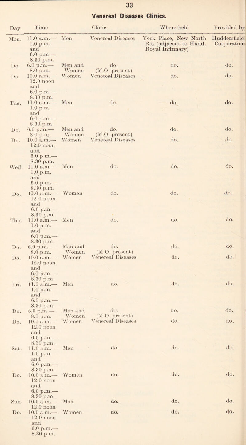 Venereal Diseases Clinics Day Time Clinic Where held Provided In «/ Mon. 11.0 a.m.— 1.0 p.m. and 6.0 p.m.— 8.30 p.m. Men Venereal Diseases York Place, New North Rd. (adjacent to Hudd. Royal Infirmary) Huddersfielc Corporatioi Do. 6.0 p.m.—- 8.0 p.m. Men and Women do. (M.O. present) do. do. Do. 10.0 a.m.—• 12.0 noon and 6.0 p.m.— 8.30 p.m. Women Venereal Diseases do. do. Tue. 11.0 a.m.—- 1.0 p.m. and 6.0 p.m.— 8.30 p.m. Men do. do. do. Do. 6.0 p.m.— 8.0 p.m. Men and Women do. (M.O. present) do. do. Do. 10.0 a.m.— 12.0 noon and 6.0 p.m.— 8.30 p.m. Women Venereal Diseases do. do. Wed. 11.0 a.m.— 1.0 p.m. and 6.0 p.m.— 8.30 p.m. Men do. do. do. Do. 10.0 a.m.— 12.0 noon and 6.0 p.m.— 8.30 p.m. Women do. do. do. Thu. 11.0 a.m.— 1.0 p.m. and 6.0 p.m.— 8.30 p.m. Men do. do. do. Do. 6.0 p.m.— 8.0 p.m. Men and Women do. (M.O. present) do. do. Do. 10.0 a.m.— 12.0 noon and 6.0 p.m.— 8.30 p.m. Women Venereal Diseases do. do. Fri. 11.0 a.m.— 1.0 p.m. and 6.0 p.m.— 8.30 p.m. Men do. do. do. Do. 6.0 p.m.—- 8.0 p.m. Men and Women do. (M.O. present) do. do. i Do. 10.0 a.m.—- 12.0 noon and 6.0 p.m.— 8.30 p.m. W omen Venereal Diseases do. do. Sat. 11.0 a.m.—- 1.0 p.m. and 6.0 p.m.— 8.30 p.m. Men do. do. do. Do. 10.0 a.m.— 12.0 noon and 6.0 p.m.— 8.30 p.m. W omen do. do. do. Sun. 10.0 a.m.— 12.0 noon Men do. do. do. 12.0 noon and 6.0 p.m.—■ 8.30 p.m.