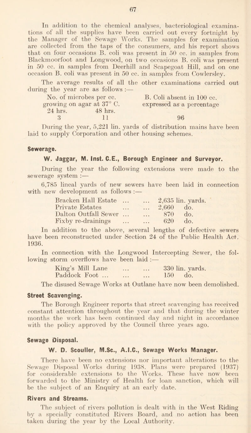 In addition to the chemical analyses, bacteriological examina¬ tions of all the supplies have been carried out every fortnight by the Manager of the Sewage Works. The samples for examination are collected from the taps of the consumers, and his report shows that on four occasions B. coli was present in 50 cc. in samples from Blackmoorfoot and Longwood, on two occasions B. coli was present in 50 cc. in samples from Deerhill and Scapegoat Hill, and on one occasion B. coli was present in 50 cc. in samples from Cowlersley. The average results of all the other examinations carried out during the year are as follows :— No. of microbes per cc. B. Coli absent in 100 cc. growing on agar at 37° C. expressed as a percentage 24 hrs. 48 hrs. 3 11 96 During the year, 5,221 lin. yards of distribution mains have been laid to supply Corporation and other housing schemes. Sewerage. W. Jaggar, M. Inst. C.E., Borough Engineer and Surveyor. During the year the following extensions were made to the sewerage system :— 6,785 lineal yards of new sewers have been laid in connection with new development as follows :— Bracken Hall Estate Private Estates Dalton Outfall Sewer Fixby re-drainings 2,635 lin. yards. 2,660 do. 870 do. 620 do. In addition to the above, several lengths of defective sewers have been reconstructed under Section 24 of the Public Health Act. 1936. In connection with the Longwood Intercepting Sewer, the fol¬ lowing storm overflows have been laid :— King’s Mill Lane ... ... 330 lin. yards. Paddock Foot ... ... ... 150 do. The disused Sewage Works at Outlane have now been demolished. Street Scavenging. The Borough Engineer reports that street scavenging has received constant attention throughout the year and that during the winter months the work has been continued day and night in accordance with the policy approved by the Council three years ago. Sewage Disposal. W. O. ScouSSer, IVI.Sc., A.i.C., Sewage Works Manager. There have been no extensions nor important alterations to the Sewage Disposal Works during 1938. Plans were prepared (1937) for considerable extensions to the Works. These have now been forwarded to the Ministry of Health for loan sanction, which will be the subject of an Enquiry at an early date. Rivers and Streams. The subject of rivers pollution is dealt with in the West Riding by a specially constituted Rivers Board, and no action has been taken during the year by the Local Authority.