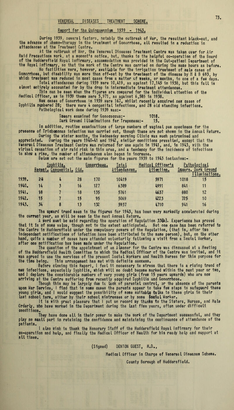 VENEREAL DISEASES TREATMENT SCHEME. Report for -the Quinquennium 1939 - 19A3. During 1939, several factors, notably the outbreak of War, the resultant black-out, and the advance of chemo-therapy in the treatment of Gonorrhoea, all resulted in a reduction in attendances at the Treatment Centre. At the outbreak of War, the Venereal Diseases Treatment Centre was taken over for Air Raid Precautions work, at a moment's notice, but, thanks to the helpful co-operation of the Board of the Huddersfield Royal Infirmary, accommodation was provided in the Out-patient Department of the Royal Infirmary, so that the work of the Centre was carried on during the same hours as before. No facilities were, however, available for the irrigation treatment of male cases of Gonorrhoea, but disability was more than off-set by the treatment of the disease by M i B 693, by which treatment was reduced in most cases from a matter of weeks, or months, to one of a few days. Total attendances during 1939 were 10,419, as against 17,145 in 1938, but this fall is almost entirely accounted for by the drop in intermediate treatment attendances. This can be seen when the figures are compared for the individual attention of the Medical Officer, as in 1939 theee were 5,971, as against 6,585 in 1938. New cases of Gonorrhoea in 1939 were 167, whilst recently acquired new cases of Syphilis numbered 28; there were 4 congenital infections, and 28 old standing infections. Pathological work done during 1939 was:- Soiears examined for Gonococcus:- 1018. Dark Ground Illuminations for Treponesa:- 15. In addition, routine examinations of large numbers of vaginal pus specimens for the presence of Trichomonas infection was carried out, though these are not shown in the Annual Return. During the winter months, the Wednesday morning Clinic was much patronised and appreciated. During the years 1940-41 and 1942, similar conditions prevailed, except that the Venereal Diseases Treatment Centre was returned for use again in 1941, and, in 1943, with the virtual cessation of air raid risk in this area, and a tendency for the incidence of infections to show a rise, the number of attendances also began to increase. Below are set out the main figures for the years 1939 to 1943 inclusive:- Syphilis. Gonorrhoea. Total Medical Officer's Pathological Recent. Congenital. Old, Attendances. Attention. Smears. Dark Ground ’ ’ ~  TTCumi nations. 1939. 2-8 4 28 170 10419 5971 1018 15 1940. 14 3 16 127 6389 4991 841 11 1941. 18 7 18 135 5761 4637 880 12 1942. 15 7 15 95 5069 422 3 725 10 1943. 34 8 13 132 5937 4710 941 16 The upward trend seen in the figures for 1943, has been very markedly accelerated during the current year, as will be seen in the next Annual Return. A word must be said regarding the operation of Regulation 33(b). Experience has proved that it is of some value, though not to the extent anticipated. Not one case has been referred to the Centre in Huddersfield under the compulsory powers of the Regulation, (that is, after two independent notifications of infection have been attributed to the same person), but, on the other hand, quite a number of cases have attended voluntarily following a visit from a Social Worker, after one notification has been made under the Regulation. The question of the appointment of an Almoner for the Centre was discussed at a Meeting, of the Huddersfield Health Committee to which the Medical Officer of the Centre was invited, and it was agreed to use the services of the present Social Workers and Health Nurses for this purpose for the time being. This arrangement has met with definite success. Before closing this Report, I feel it necessary to stress that there is a rising trend of new infections, especially Syphilis, which will no doubt become marked within the next year or two, and I.deplore the considerable numbers of very young girls (from 15 years upwards) who are now arriving at the Centre suffering from recently acquired Syphilis and Gonorrhoea. Though this may be largely due to lack of parental control, or the absence of the parents upon War Service, I find that in some cases the parents appear to take few steps to safeguard these young girls, and I would suggest the possibility of some suitable talks to these girls in their last school term, either by their school mistresses or by some Soelal Worker. It is with great pleasure that I put on record my thanks to the Sisters, Nurses, and Male Orderly, who have worked in the Department during the last five years, often under difficult conditions. They have done all in their power to make the work of the Department successful, and they play no small part in retaining the confidence and maintaining the continuance of attendance of the pati©nta. I also wish to thank the Honorary Staff of the Huddersfield Royal Infirmary for their co-operation and help, and finally the Medical Officer of Health for his ready help and support at all times. (Signed) DENTON GUEST, M.D., Medical Officer in Charge of Venereal Diseases Scheme. County Borough of Huddersfield.