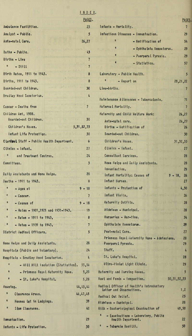 INDEX. P^GES. PAGES, Ambulance Facilities. 23 1 nfants - Morta lity. 7 Analyst - Public. 5 Infectious Diseases - Immunisation. 29 Ante-natal Care, 26,27 11 - Notification of 54 * - Ophthalmia Neonatorum. 29 Baths - Public. 43  - Puerpera l Pyrexia. 29 Births - Live 7  - Statistics. 57 11 -Still 7 Birth Rates, 1911 to 1943. 8 Laboratory - Public Health. 5 Births, 1911 to 1943. 8  - Report on 20,21,22 Boarded-out Chi Idren. 30 Live-births. 7 Bradley Wood Sanatorium. 4 Maintenance Allowances - Tuberculosis, 71 Cancer - Deaths from 7 Haterna l Mortality. 7 ChiIdren Act, 1908. Maternity and Child Welfare Work: 26,27 Boarded-out Children. 30 Ante-natal care. 26,27 Chi Idren1 s Homes. 5,31,32,33 Births - Notification of 26 Infant Life Protection. 30 Boarded-out Chi Idren. 30 Clerlial Staff - Public Health Department, 6 Children's Homes. 31,32,33 Clinics - Infant. 27 Clinics - Infant. 27  and Treatment Centres, 24 Consultant Services. 28 Committees. 3 Home Helps and Daily Assistants. 28 Immunisation. 29 Daily Assistants and Home Helps. 28 Infant Mortality: Causes of 9 - 18, 26 Deaths - 1911 to 1943. 8 Infant Nurses. 27  - Ages at 9 - 18 Infants - Protection of 4,30  - Cancer. 7 Infant Visits, 26 n - Causes of 9 - 18 Maternity Outfits. 28 M - Rates - 1901,1921 and 1931-1943. 19 Hidwives - Municipal. 28  - Rates - 1911 to 1943, 8 Nurseries - War-time. 34  - Rates - 1939 to 1943. 7 Ophthalmia Neonatorum. 29 District Medical Officers. 5 Post-natal Care. 27 Princess Royal Maternity Home - Admissions. 28 Home Helps and Daily Assistants. 28 Puerperal Pyrexia. 29 Hospitals (Public and Voluntary). 24 Staff. 4 Hospitals - Bradley Wood Sanatorium. 4 St. Luke's Hospital. 28  - Hill Hill Isolation (Statistics). 55,56 Ultra-Violet Light Clinic. 29 R - Princess Royal Maternity Home. 5,28 Maternity and Nursing Homes. 5  - St. Luke’s Hospitat. 5,28 Heat and Foods - Inspection. 50,51,52,53 Housing. 44,45,46 Medical Officer of Health's Introductory letter and Observations. 1,2 H Clearance Areas. 46,47,48 Medical Out Relief. 25  Houses let in Lodgings. 39 Midwives - Municipal. 28 11 Slum Clearance. 48 Milk - Bacteriological Examination of 49,50  - Examinations - Laboratory, Public Immunisation. 29 Health Department. 22 Infants - Life Protection. 30 11 - Tubercle Baci Hi. 50