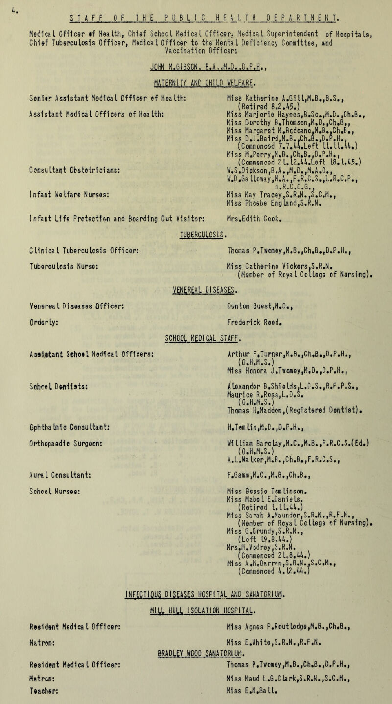 Medical Officer if Health, Chief School Medical Cfficer- Medical Superintendent of Hospitals, Chief Tuberculosis Officer, Medical Officer to the Mental Deficiency Committee, and Vaccination Officer; JOHN M.GI6SCN. B.A,,M.D..D.P.H.. MATERNITY ANC CHILD WELFARE. Sent*** Assistant Medical Officer ef Health; Assistant Medical Officers cf Health: Consultant Obstetricians: Infant Welfare Nurses: Miss Katherine A.Gill,M.B,,B.S., (Retired 8,2.45.) Miss Marjorie Haynes,B,Sc.,M.D.,Ch.B., Miss Dorothy B.ThomsonfM,D.,Ch.B,, Miss Margaret M.Bcdoanc,M.B.,Ch.B,, Miss D.l.Baird,M.B..Ch.B.,D.P,H.. (Commoncod 7.7.44.Left ll,11,44.) Miss M.Perry,M.B.,Ch»B.,D,P.H., (Commenced 21.12.44.Left 18,1,45.) W,S.Dickson,B.A.,M.D,,M,A.O., W.O.Galloway,M.A.,F.R.C.S»,L.R.C.P., M.R.C.O.G,, Miss May Tracey,S.R.N.,S.C.M., Miss Phoebe Eng Und,S.R.N, Infant Life Protection and Boarding Out Visitor: Mrs.Edith Cook. TUBERCULOSIS. Clinical Tuberculosis Officer: Thomas P,Tworoey,M.B.,Ch.8»,D.P.H.f Tuberculosis Nurse: Miss Catherine Vickers.S.R.N. (Member of Royal College of Nursing). VENEREAL DISEASES. Venereal Diseases Officer: Donton Guest,M.D., Orderly: Frederick Reed. SCHOCl MEDICAL STAFF. Assistant Sehoel Medical Officers: Sohrol Dentists: OphthaUnic Consultant: Orthopaedic Surgeon: Aural Consultant: Arthur F,Turner,M.B.,Ch,B.,D.P.H,, (O.H.M.S.) Miss Honora J,Twoffley,M.D.,D.P,H., Alexander B.Shields,L.D.S.,R.F,P.S,, Maurice R,Ross,L.D.S. (O.H.M.S.) Thomas H,Maddon,(Registered Dentist). H.Temlin,M.C.,D.P.H., Wi1 Liam Barclay,M.C.,M.B.,F.R.C.S.(Ed.) (O.H.M.S.) A.L.Walker,M.B.,Ch.B.,F.R.C.S,, F.Gamm,M.C.,M.B.,Ch.B., School Nurses: Miss Bessie Tomlinson. Miss Mabel E*DanieIs. (Retired 1,11.44.) Miss Sarah A.Maunder,S.R.N,,R.F.N., (Member of Royal College of Nursing), Hiss G,Grundy,S.R.N., (Left 19.8,44.) Mrs.M.Vodrey,S.R.N. (Commenced 21.8,44.) Miss A.M.Barron,S.R.N. (Commenced 4.12.44, INFECTIOUS DISEASES HOSPITAL AND SANATORIUM. MILL HILL ISOLATION HOSPITAL. Resident Medical Officer: Miss Agnes P,Routledge,M.B.,Ch.B., Matron: Miss E.White,S.R.N.,R.F.N. BRADLEY WOOD SANATORIUM. Resident Medical Officer: Matron: Teacher: Thomas P.Twomey^.B.jCh.B.jO.P.H., Miss Maud L.G.CUrk,$.R.N.,S.C,M., Miss E.M.Ball.
