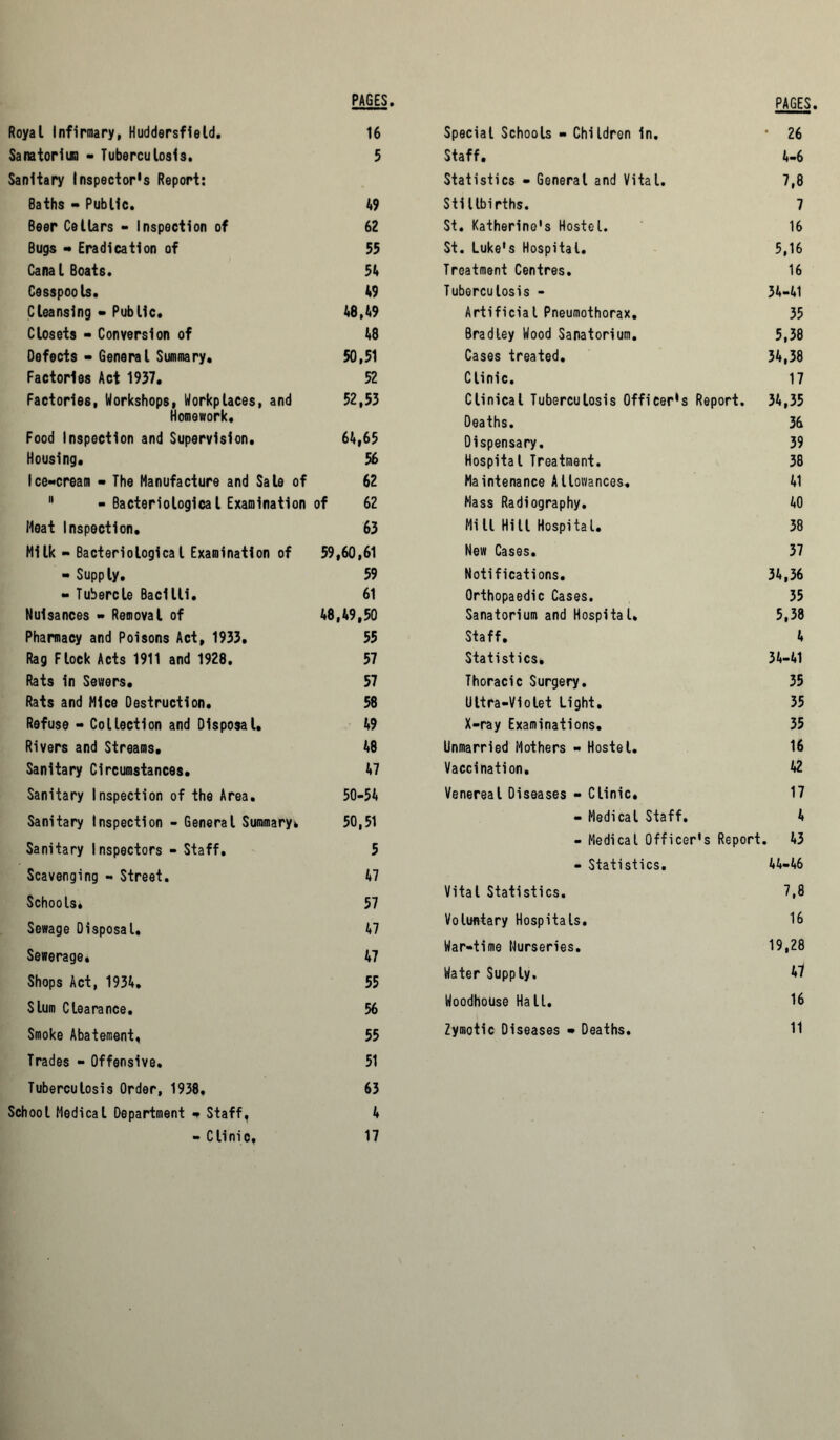 PAGES. Royal Infirmary, Huddersfield. 16 Sanatoria - Tuberculosis. 5 Sanitary Inspector's Report: Baths - Public. 49 Beer Cellars - Inspection of 62 Bugs - Eradication of 55 Canal Boats. 54 Cesspools. 49 Cleansing - Public. 48,49 Closets - Conversion of 48 Defects - General Summary. 50,51 Factories Act 1937. 52 Factories, Workshops, Workplaces, and 52,53 Homework. Food Inspection and Supervision. 64,65 Housing. 56 Ice-cream - The Manufacture and Sale of 62  - Bacteriological Examination of 62 Meat Inspection. 63 Milk - Bacteriological Examination of 59,60,61 - Supply. 59 - Tubercle Bacilli. 61 Nuisances « Removal of 48,49,50 Pharmacy and Poisons Act, 1933. 55 Rag Flock Acts 1911 and 1928. 57 Rats in Sewers. 57 Rats and Mice Destruction. 58 Refuse - Collection and Disposal. 49 Rivers and Streams. 48 Sanitary Circumstances. 47 Sanitary Inspection of the Area. 50-54 Sanitary Inspection - General Summary. 50,51 Sanitary Inspectors - Staff. 5 Scavenging - Street. 47 Schools, 57 Sewage Disposal, 47 Sewerage. 47 Shops Act, 1934. 55 Slum Clearance. 56 Smoke Abatement, 55 Trades « Offensive. 51 Tuberculosis Order, 1938. 63 School Medical Department - Staff, 4 - Clinic, 17 PAGES. Special Schools • Children In. * 26 Staff. A-6 Statistics - General and Vital. 7,8 Stillbirths. 7 St. Katherine's Hostel. 16 St. Luke's Hospital. 5,16 Treatment Centres. 16 Tuberculosis - 34-41 Artificial Pneumothorax. 35 Bradley Wood Sanatorium. 5,38 Cases treated. 34,38 Clinic. 17 Clinical Tuberculosis Officer’s Report. 34,35 Deaths. 36 Dispensary, 39 Hospital Treatment. 38 Maintenance Allowances. 41 Mass Radiography. 40 Mill Hill Hospital. 38 New Cases. 37 Notifications. 34,36 Orthopaedic Cases. 35 Sanatorium and Hospital. 5,38 Staff. 4 Statistics. 34-41 Thoracic Surgery. 35 Ultra-Violet Light. 35 X-ray Examinations. 35 Unmarried Mothers - Hostel. 16 Vaccination. 42 Venereal Diseases - Clinic. 17 « Medical Staff. 4 - Medical Officer's Report. 43 - Statistics. 44-46 Vital Statistics. 7,8 Voluntary Hospitals. 16 War-time Nurseries. 19,28 Water Supply. 47 Woodhouse Hall. 16 Zymotic Diseases • Deaths. 11