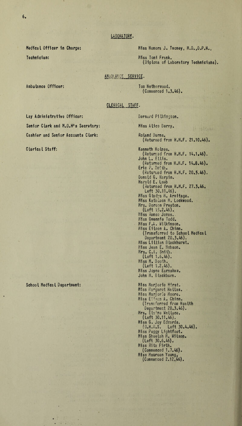 LABORATORY. Medical Officer In Charge: Miss Honora J. Twomey, M.D.,D.P.H., Technician: Miss Toni Frank. (Diploma of Laboratory Technicians). AMBULANCE SERVICE. Ambulance Officer: Tom Netherwood. (Commenced 1.3.46). Lay Administrative Officer: CLERICAL STAFF. Bernard PiIkington. Senior Clerk and M.O.H's Secretary: Miss Alice Berry. ; ' ■' r: i r( . r> | Cashier and Senior Accounts Clerk: Roland Burns. (Returned from H.M.F. 21.10.46). Clerical Staff: Kenneth Holmes. (Returned from H.M.F. 14.1,46). John L. Ellis. (Returned from H.M.F. 14.8.46). Eric P. Smith. (Returned from H.M.F. 20.5.46). Donald 6. Harpin. Harold E. Lamb (Returned from H.M.F. 27.3.46. Left 30.11.46). Miss Gladys M. Armitage. Miss Kathleen li. Lockwood. Mrs. Doreen Preston. (Left 15.2.46). Miss Renee Jones. Miss Gwennie Todd. Miss F.A. Wi Ikinson. Miss Eileen A. Chinn. (Transferred to School Medical Department 20.3.46). Miss LI Ilian B lackhurst. Miss Jean E, Hobson. Mrs. C.l. Smith. (Left 1.6.46). Miss M. Booth. (Left 1.2.46). Miss Joyce Earnshaw. John M. Blackburn. Schoot Medical Department: Miss Marjorie Hirst. Miss Margaret Ha lias. Miss Marjorie Moore. Miss Ei loon A. Chinn. (Transferred from Health Department 20.3.46). Mrs. Ela’ne Wallace. (Left 30.11.46). Miss G. Joy Edwards. (O.H.M.S. Left 30.4.46). Miss Peggy Lightfoot. Miss Sheelah M. Wi Ison. (Left 30.6.46). Miss Rita Firth. (Commenced 1.7.46). Miss Maureen Young. (Commenced 2.12.46).