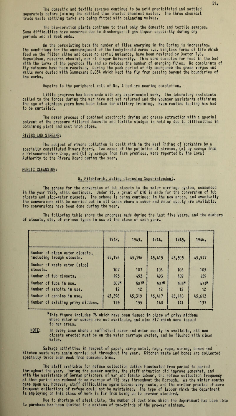 The domestic and textile sewages continue to be acid precipitated and settled separately before joining the settled lime treated chemical wastes. The three chemical trade waste settling tanks are being fitted with balancing valves. The bio-aeration plants continue to treat only the domestic and textile sewages. Some difficulties have occurred due to discharges of gas liquor especially during dry periods and at week ends. On the percolating beds the number of flies emerging in the Spring is increasing. The conditions for the encouragement of the Enchytraeid worms i.e. wingless forms of life which feed on the filter slime and cause no aerial nuisance, have been reviewed by Doctor T.B. Reynoldson, research chemist, now at Bangor University. This worm competes for food in the bed with the larva of the psychoda fly and so reduces the number of emerging flies. No complaints of fly nuisance have been received. During the peak period of fly emergence the grass verges and walls were dusted with Gammexane D.034 which kept the fly from passing beyond the boundaries of the works. Repairs to the peripheral wall of No. 4 bed are nearing completion. Little progress has been made with any experimental work. The laboratory assistants called to the forces during the war have not yet returned and the younger assistants attaining the age of eighteen years have been taken for military training. Even routine testing has had to be curtailed. The newer process of combined azeotropic drying and grease extraction with a special solvent of the pressure filtered domestic and textile sludges is held up due to difficulties in obtaining plant and cast iron pipes. RIVERS AND STREAMS: The subject of rivers pollution is dealt with in the West Riding of Yorkshire by a specially constituted Rivers Board, Two cases of the pollution of streams, (a) by sewage from a Prisoner-of-War Camp, and (b) by sewage from farm premises, were reported by the Local Authority to the Rivers Board during the year. PUBLIC CLEANSING: W. Pitchforth, Acting Cleansing Superintendent. The scheme for the conversion of tub closets to the water carriage system, commenced in the year 1925, still continues. Under it, a grant of £10 is made for the conversion of tub closets and slop-water closets. The scheme is being continued in the new areas, and eventually the conversions will be carried out in all cases where a sewer and water supply are available. Two conversions have been done during the year. The following table shows the progress made during the last five years, and the numbers of closets, etc. of various types in use at the close of each year. 1942. 1943. 1944. 1945. 1946. Number of clean water closets, including trough closets. 45,196 45,196 45,415 45,505 45,977 Number of waste water (slop) closets. 107 107 106 106 105 Number of tub closets. 493 493 493 409 459 Number of tubs in use. 507* 507* 507* 503* 473* Number of ashpits in use. 12 12 12 12 12 Number of ashbins in use. 45,296 45,319 45,417 45,440 45,613 Number of existing privy middens. 155 155 148 141 137 *This figure includes 76 which have been issued in place of privy middens where water or sewers are not available, and also 217 which were issued to new areas. NOTE: In every case where a sufficient sewer and water supply is available, all new closets erected must be on the water carriage system, and be flushed with clean water. Salvage activities in respect of paper, scrap metal, rags, rope, string, bones and kitchen waste were again carried out throughout the year. Kitchen waste and bones are collected specially twice each week from communal bins. The staff available for refuse collection duties fluctuated from period to period throughout the year. During the summer months, the staff situation did improve somewhat, and with the assistance of German prisoners of war and female labour, the refuse collection frequency at that period was reduced to an average of 1l£ days throughout the Borough. As the winter months came upon us, however, staff difficulties again became very acute, and the earlier promise of more frequent collections of refuse could not be maintained. The type of labour which the department is employing on this class of work is far from being up to pre-war standard. Due to shortage of steel plate, the number of dust bins which the department has been able to purchase has been limited to a maximum of two-thirds of the pre-war minimum.