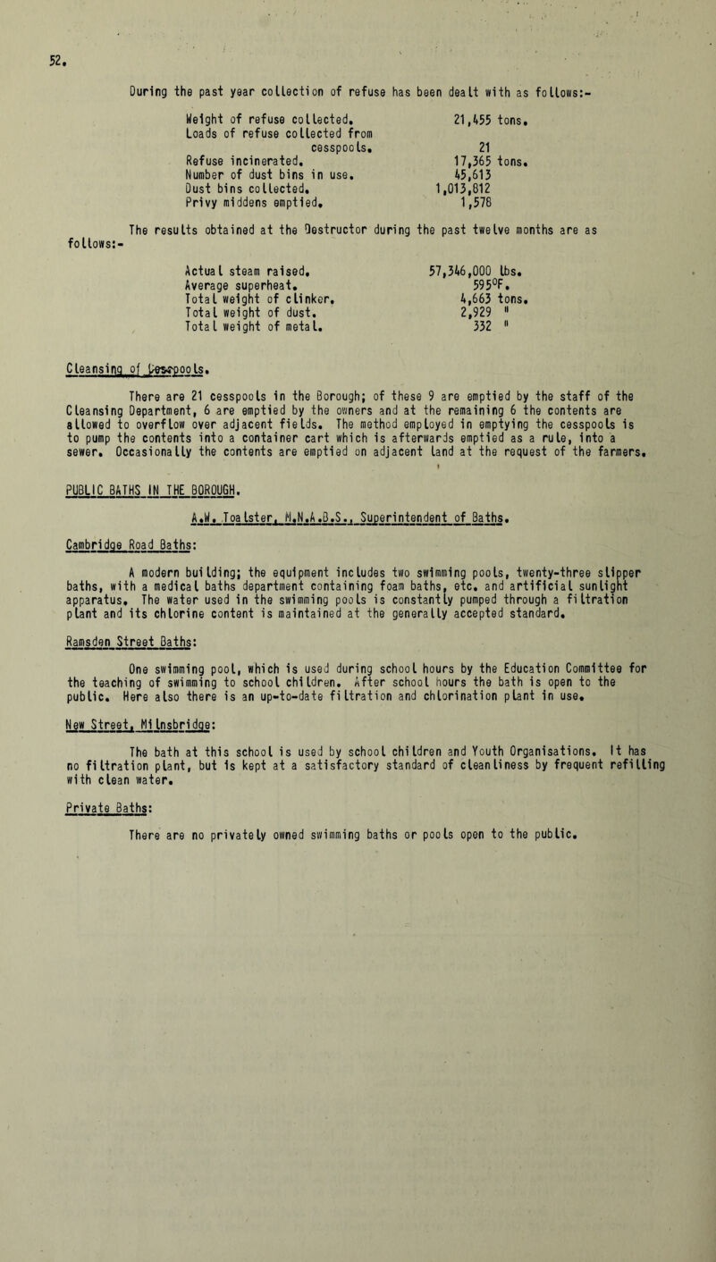During the past year collection of refuse has been dealt with as foHows Weight of refuse collected. Loads of refuse collected from cesspools. Refuse incinerated. Number of dust bins in use. Dust bins collected. Privy middens emptied. 21,455 tons. 21 17,365 tons, 45,613 1,013,812 1,578 The results obtained at the Destructor during the past twelve months are as follows:- Actual steam raised. Average superheat. Total weight of clinker. Total weight of dust. Total weight of metal. 57,346,000 lbs. 595°F. 4,663 tons, 2,929  332 11 Cleansing of Lew-pools. There are 21 cesspools in the Borough; of these 9 are emptied by the staff of the Cleansing Department, 6 are emptied by the owners and at the remaining 6 the contents are allowed to overflow over adjacent fields. The method employed in emptying the cesspools is to pump the contents into a container cart which is afterwards emptied as a rule, into a sewer. Occasionally the contents are emptied on adjacent land at the request of the farmers. I PUBLIC BATHS IN THE BOROUGH. A«W, Toalster, M.N.A.B.S., Superintendent of Baths. Cambridge Road Baths: A modern building; the equipment includes two swimming pools, twenty-three slipper baths, with a medical baths department containing foam baths, etc. and artificial sunlight apparatus. The water used in the swimming pools is constantly pumped through a filtration plant and its chlorine content is maintained at the generally accepted standard. Ramsden Street Baths: One swimming pool, which is used during school hours by the Education Committee for the teaching of swimming to school children. After school hours the bath is open to the public. Here also there is an up-to-date filtration and chlorination plant in use. New Street. Mi Insbridqe: The bath at this school is used by school children and Youth Organisations. It has. no filtration plant, but is kept at a satisfactory standard of cleanliness by frequent refilling with clean water. Private Baths: There are no privately owned swimming baths or pools open to the public.
