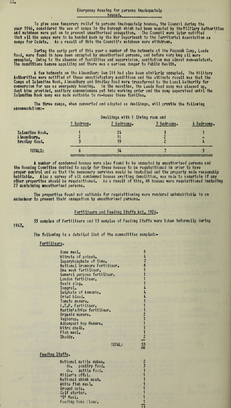 63 Emergency Housing for persons inadequately housed. To give some temporary relief to persons inadequately houses, the Council during the year 1946, considered the use of camps in the Borough which had been vacated by the Military Authorities and watchmen were put on to prevent unauthorised occupation. The Council were later notified that all the camps were to be handed back by the War Department to the Territorial Association as camps for Cadets. As a result of this the Council’s watchmen were withdrawn. During the early part of this year a number of the hutments at the Peacock Camp, Leeds Road, were found to have been occupied by unauthorised persons, and before very bng all were occupied. Owing to the absence of facilities and supervision, sanitation was almost non-existant. The conditions became appalling and there was a serious danger to Public Health. A few hutments on the Almondbury Gun Sit had also been similarly occupied. The Military Authorities were notified of these unsatisfactory conditions and the ultimate result was that the Camps at Salendine Nook, Almondbury and Bradley Road were transferred to the Local Authority for conversion for use as emergency housing. In the meantime, the Leeds Road camp was cleaned up, dust bins provided, sanitary conveniences put into working order and the camp supervised until the Salendine Nook camp was made suitable to re-house these families. The three camps, when converted and adapted as dwellings, wilt provide the following accommodation:- 1 Bedroom. Dwellings with 1 2 Bedrooms, living room and 3 Bedrooms. 4 Bedrooms Salendine Nook, 1 24 3 1 A tmondbury. 2 11 2 - Bradley Road, 3 19 2 4 TOTALS: 6 54 7 5 A number of condemned houses were also found to be occupied by unauthorised persons and the Housing Committee decided to apply for these houses to be requisitioned in order to have proper control and so that the necessary services could be installed and the property made reasonably habitable. Also a survey of all condemned houses awaiting demolition, was made to ascertain if any other properties should be requisitioned. As a result of this, 69 houses were requisitioned including 27 containing unauthorised persons. The properties found not suitable for requisitioning were rendered uninhabitable in an endeavour to prevent their occupation by unauthorised persons. 1947. Fertilisers and Feeding Stuffs Act, 1926. 53 samples of Fertilisers and 13 samples of Feeding Stuffs were taken informally during The following is a detailed list of the commodities sampled:- Fertilisers • Bone meal. 9 Nitrate of potash. 4 Superphosphate of lime. 7 National Growmore Fertiliser. 6 One week fertiliser. 1 General purpose fertiliser. 1 London fertiliser, 1 Basic slag. 1 Sangral. 4 Sulphate of Ammonia. 4 Dried blood, 4 Tomato manure. 1 I.T.P. Fertiliser. 1 Martin's Prize ferti liser. 1 Organic manure, 2 Vegicrop. 1 Adcompost Hop Manure. 1 Nitro chalk. 1 Fish meal, 1 Shoddy. _2 TOTAL: 53 Feeding Stuffs. National cattle cubes, 2 do. poultry food, 3 do. cattle food, 1 Mi Her's offa L 1 National chick mash. 1 White fish mea l, 1 Ground oats, 1 Calf starter. 1 •S» Meal. 1 Feeding bone flour. 1 ix