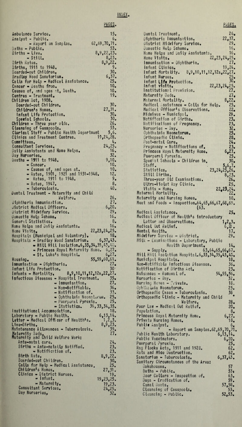 INDEX AmbuLance Service. PAGES. 15. Analyst - Public. 6. - Report on Samples. 62,69,70,71. Baths - Public, 53. Births - Live. 8,9,22,23. - Still. 8,23. Birth Rates. 8,9,22. Births, 1911 to 1948, 9. Boarded-out ChiIdren, 30. Bradley Wood Sanatorium. 6,37. Calls for Help - Medical Assistance. 25. Cancer - Deaths from. 10. Causes of, rand agos at, Death, Centres - Treatment. 10. 19. Children Act, 1908. Boarded-out Chi Idren, 30. Children's Homes. 27,31. Infant Life Protection. 30. Spe*1al Schools. 30. Children - Three year olds. 26. Cleansing of Cesspools. 53. Clerical Staff - Public Health Department 5,6. Clinics and Treatment Centres. 19,24,28. Committees. 4. Consultant Services. 24,25. Daily Assistants and Home Helps. 16. Day Nurseries. 32. Deaths - 1911 to 1948, 9,10. - Cancer. 10. - Causes of, and ages at. - Rates, 1901 , 1921 and 1931- 10. 1948. 12. - Rates, 1911 to 1948. 9. - Rates, 1947, 8. - Tuberculosis. 40. Dental Treatment - Maternity and Child Welfare. 26. Diphtheria Immunisation. 27. District Medical Officers, 6,20, District Midwifery Service. 29. Domestic Help Scheme* 16, General Statistics. 8. Home Helps and Daily Assistants. 16. Home Visits. 22,23,24,25. Hospitals (Municipal and Voluntary). 18. Hospitals - Bradley Wood Sanatorium, 6,37,43. Mill Hill lsolation.6,33,34,35,43,48, - Princess Royal Maternity Home- 6,27. • St. Luke's Hospital. 6,27. Housing, 55,59,60,61. Immunisation - Diphtheria, 27, Infant Life Protection, 30- infants - Mortality, 8.9.10,11,12,12a,22,27. Infectious Diseases - Hospital Treatment. 35. - Immunisation. 27. - Non-Notifiable. 36, - Notification of. 33. Ophthalmia Neonaturum. 25. - Puerperal Pyrexia. 25. -Statistics, 36,33,34,35. Institutional Accommodation. 18. Laboratory - Public Health. 6,13,14. Letter - Medical Offi cer of Health's. 1,2,3. Live-Births, 8,9,23. Maintenance Allowances - Tuberculosis. 39. Maternity 3eds, 27. Maternity and Child Welfare Work: Ante-natal care. 24. Births - Ante-natally Notified. 23. - Notification of. 23. Birth Rate. 8,9,22. Boarded-out Chi Idren. 30, Calls for Help - Medica l Assistance. 25. ChiIdren's Homes, 27,31. Clinics - District Nurses. 19. - Infant. 19,23,25. -Maternity, 19,23. Consultant Services. 24,25. Day Nurseries, 32, PaGES. Dental Treatment. 26, Diphtheria Immunisation. 22,37. District Midwifery Service. 29. Domestic Help Scheme, 16, Home Helps and Daily Assistants. 16, Home Visits. 22,23,24,25. Immunisation - Diphtheria, 27, Infant Clinics, 19,24. Infant Mortality. 8,9,10,11,12,12a,22,27. Infant Nurses. 25. Infant Life Protection, 30, Infant visits. 22,23,24,25. Institution?I Provision. 27, Maternity Beds. 27, Maternal Mortality. 8,22, Medical assistance - Calls for Help. 25. Medical Officer's Observations. 22, Midwives - Municipal, 29. Notification of Births. 23. Notifications of Pregnancy. 23. Nurseries - Day. 32, Ophthalmia Neonatorum. 25. Orthopaedic Clinic. 28, Post-natal Care, 24. Pregnancy - Notifications of, 23. Princess Royal Maternity Home, 6,27, Puerperal Pyrexia. 25. Special. Schools - Children In, 30, Staff. 5,6,7. Statistics. 23,24,25,26. Still Births. 8,23. Three-year Old Examinations. 26, Ultra-Violet Ray Clinic, 25. Visits - Home. 22-23,24. Maternal Mortality. 22, Maternity and Nursing Homes. 18, Meat and Foods - Inspection.64,65,66,67,68,69. (63. Medical Assistance. 25, Medical Officer of Health's Introductory Letter and Observations. 1,2,3. Medical Out Relief. 6,23. Mental Health, 17, Midwifery Service - District, 29. Milk - Examinations - Laboratory, Public Health Department, 14, - Supply. 63,64,65,66,67, Mill Hill I so Lation Hospita 1.6,33,34,35,43,45. Municipal Hospitals. 18, Non-Notifiable Infectious Diseases. 36, Notification of Births Act, 23, Nuisances - Removal of. 54,55,56, Nurseries - Day. 32, Nursing Holes - nrivate. 18. Aphtha Gaia Neonatorum. 25. Orthopaedic Cases - Tuberculosis. 38 Orthopaedic Clinic - Maternity and Child W g If3P6 28 Poor Law - Medical Out Relief, 20. Population. 8. Princess Royal Maternity Home. 6,27. Private Nursing Homes. 18, Publit Analyst. 6. 11 11 - Report on Samples,62,69.70.71 , Public Health Laboratory. 6,13,14, Public Vaccinators. 6,20. Puerperal Pyrexia. 25. Rag Flocks Acts, 1911 and 1928. 62. Rats and Mice Destruction. 62. Sanatorium - Tuberculosis, 6,37,43, Sanitary Circumstances of the Area: Bakehouses. 57 Baths - Public. 53i 3eer Cellars - Inspection of, 63. Bugs - Eradication of. 59. Canal Boats, 57,58. Cleansing of Cesspools, 53, Cleansing - Public. 52,53.