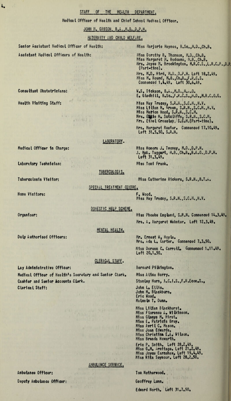 STAFF OF THE HEALTH DEPARTMENT. Medical Officer of Health and Chief School Medical Officer, JOHN H. GIBSON. B.A..M.D..D.P.H. MATERNITY AND CHILD WELFARE. Senior Assistant Medical Officer of Health: Assistant Medical Officers of Health: Consultant Obstetricians: Health Visiting Staff: Miss Marjorie Haynes, B.Sc,,H.D.,Ch.B, Miss Dorothy B. Thomson, M.D.,Ch.B, Miss Margaret ji. Bodoano, M.B.,Ch.B, firs, Joyce M, Brocklngton, M.R.C.S.,l.R.C,P.,D.P, (Part-timo). Mrs. M.D,. Hlrd, M.D..D.P.H. Left 18,2.49. Miss M, Round. M.B.,Ch,B,tF.R.C.S. Commenced 1,1.49, Left 30.6.49. W,S, Dickson, B,A.,M.D.,M.h.0. E, Gledhlll, B.Sc.,F.R.C.S.,ii.D.,M.R.C.O.G. Miss May Tracey, S.R,N.,S.C.M,fH.V. Miss Lilian M. Green, S.R.N.,S.C.M.,H.V, Miss Mafrion Hood, S.R.N.,$.C,M. Mrs. E||ie H. Sutcliffe, $,R.N.,S.C.M. Mrs. Ethel Crossley, S.C.M.(Part-time), Mrs, Margaret Rosier. Commenced 17.10.49. Left 31.5.50. S.R.N. LABORATORY. Medical Officer in Charge: Miss Honors J. Twomey, M.D.,D,P.H. J. McA« Taggart, H.B.,Ch.B.,B.A.O.,D.P.H, Left 31.3.49, Laboratory Technician: Miss Toni Frank, TUBERCULOSIS. Tuberculosis Visitor: Miss Catherine Vickers, S.R.N.,B.T.h. SPECIAL TREATMENT CENTRE. Home Visitors: F, Wood. Miss May Tracey, S.R.N.,S.C,M.,H.V. Organiser; DOMESTIC HELP SCHEME. Miss Phoebe England, S.R.N. Commenced 14.3.49, Mrs. A. Margaret Webster. Left 12.3.49, Duly Authorised Officers: MENTAL HEALTH. CLERICAL STAFF. Lay Administrative Officer: Medical Officer of Health*s Secretary and Senior Clerk. Cashier and Senior Accounts Clerk. Clerical Staff: AMBULANCE SERVICE. Ambulance Officer: Deputy Ambulance Officer: Mr. Ernest U. Hoyle, Mrs, Ada L, Carter. Commenced 7,3.50. Miss Doreen C. Carroll. Commenced 1,11.49. Left 20.1.50. Bernard Pllklngton. Miss Alice Berry. Stanley Horn, A«C,I.S.,F.R,Econ.S«, John L» Ellis. John M, Blackburn, Eric Wood. Malcolm T. Dunn. Miss Lilian Blackhurst. Miss Florence A. Wilkinson. Miss Glenys M, Hirst, Miss E. Patricia Bray, Miss Avril C. Mason. Miss Joan Edwards. Miss Christina E.A, Wilson. Miss Brenda Howarth. Eric P. Smith. Left 28.2.49. Miss G.M. Armitage, Left 21,2.49. Miss Joyce Earnshaw. Left 19,4.49. Miss Rita Seymour, Left 28.2*50, Tom Netherwood. Geoffrey Lunn. Edward North. Left 31.7,50,