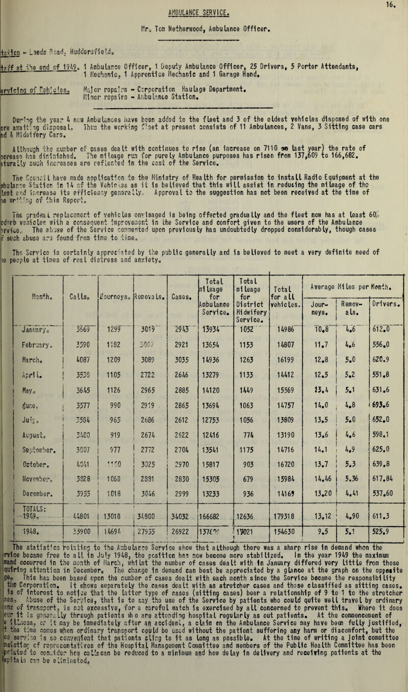 AMBULANCE SERVICE. Mra Ten Netherwood, Ambulance Officer. taficn - Leeds Road. HudcJeraf 1 eLda tpff at the end of 1919. 1 Ambulance Officer, 1 Deputy Ambulance Officer, 25 Drivers, 5 Porter Attendants, 1 Mechanic, 1 Apprentice Mechanic and 1 Garage Hand, brvicinq of Tehlcles, Major repairs - Corporation Haulage Department, Minor repairs - Ambulance Station. During the y6ar 4 new Ambulances have boon added to the fleet and 3 of the oldest vehicles disposed of with one ore awaiting disposal. Thus the working fleet at present consists of 11 Ambulances, 2 Vans, 3 Sitting case cars nd 4 Midwifery Cars, Although the number of cases dealt with continues to rise (an increase on 7110 iw> last year) the rate of ncrease has diminished. The mileage run for purely Ambulance purposes has risen from 137,609 to 166,682. aturally such increases are reflected In the cost of the Service. The Council have made application to the Ministry of Health for permission to install Radio Equipment at the nbularee Station In 14 of the Veh1ci.es as it Is believed that this will assist in reducing the mileage of the Lest end increase its efficiency generally. Approval to the suggestion has not been received at the time of ne wri'Vng of this Report, The gradual replacement of vehicles envisaged is being offected gradually and the fleet now has at least 6% cd-rb vehicles with a consequent improvement in che Service and comfort given to the users of the Ambulance ?rvico0 The abuse of the Service commented upon previously has undoubtedly dropped considerably, though cases r such abuse are found from tine to time. The Service is certainly appreciated by the public generally and is believed to meet a very definite need of le people at times of real distress and anxiety. Month, Callso llournoys. Remova Is, Cases, Total mlleage for Ambulance Service, Total ml leage for District Midwifery Service. Total for all vehicles. Average Miles per Month. Jour- neys, Remov- als. Drivers. January, 5669 1299 3019 my ~ 13934 ' ' 1052  14986 10.8 4.6 . , K 612.0 February, 5590 1182 300? 2921 13654 1153 14807 11.7 4.6 556.0 March, 4087 1209 3089 3035 14936 1263 16199 12.8 5.0 620.9 Apri 1. 3533 1105 2722 2646 13279 1133 14412 12.5 5.2 551.8 May, 3645 1126 2965 2885 14120 1449 15569 13.4 5.1 631.6 {Jure. 3577 990 2919 2865 13694 1063 14757 14.0 4.8 693.6 July, 3534 965 2686 2612 12753 1056 13809 13.5 5.0 652.0 August, 34G0 919 2674 2622 12416 774 13190 13.6 4.6 598.1 September. 3307 977 2772 2704 13541 1175 14716 14.1 4.9 625.0 October. 4041 -1150 3025 2970 15817 903 16720 13.7 5.3 639.8 : November, 3028 1060 2331 2830 15305 679 15984 14«46 5.36 617.84 [ December. i 3955 1018 3046 2999 13233 936 14169 13.20 4.41 , 537.60 TOTALS: 19M, 44801 ■ 13018 34300 34032 166682 12636 179318 13.12 r 4.90 611.3 1948, 53900 14694 27955 • 26922 r. 4 1376*? — 17021 J 154630 9.5 5.1 525.9 The statistics relating to the Ambulance Service show that although there was a sharp rise in demand whon the rvice became free to all in July 1948, the position ha? now become more stabilized. In the year 1949 the maximum mand.occurred in the month of March, whilst the number of cases dealt within January differed very little from those gutring attention in Decembers The change in demand can best be appreciated by a glance at the graph on the oppacite This has been based upon the number of cases dealt with each month since the Service became the responsibility tliD Corporation, It shows separately the cases dealt with as stretcher cases and those classified as sitting cases, is of interest to notjee that the lattor type of cases (sitting cases) bear a relationship of 9 to 1 to the stretcher S5s3 Abuse of the Service, that is to say the use of the Service by patients who could quite well travel by ordinary ans of transport, is not excessive, for a careful watch is exercised by all concerned to prevent this. Where it does cit it is generally through patients vh o are attending hospital regularly as out patients. At the commencement of e illness, or it may be immediately after ar) accident, a claim en the Ambulance Service may have been fully justified, Hie time comes w.hen ordinary transport could be used without the patient suffering any harm or discomfort, but the eo ser/iae U so convenient that patients cling to it as long as possible. At the time of writing a Joint committee nsistinc cf representatives of the HospitaL Management Committee and members of the Public Health Committee has been Pasted to consider how caltscan be reduced to a minimum and how delay In delivery and receiving patients at the spftals can be eliminated.