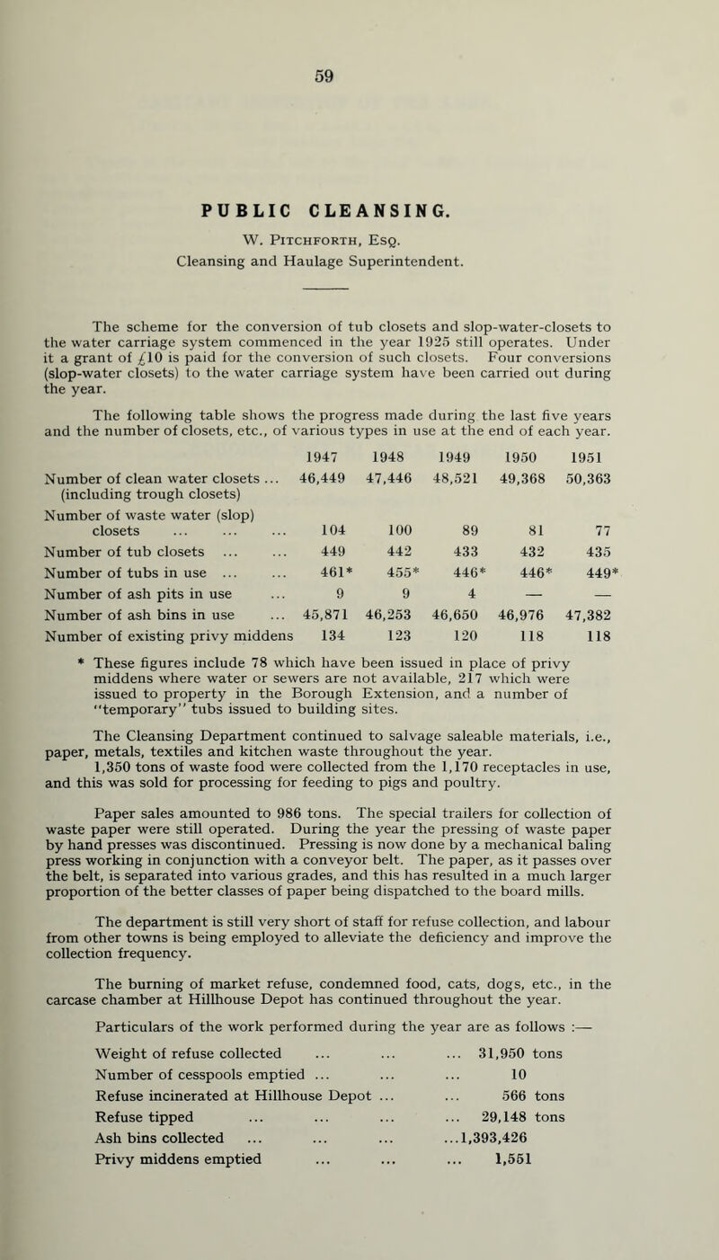 PUBLIC CLEANSING. W. PlTCHFORTH, ESQ. Cleansing and Haulage Superintendent. The scheme for the conversion of tub closets and slop-water-closets to the water carriage system commenced in the year 1925 still operates. Under it a grant of ^,10 is paid for the conversion of such closets. Four conversions (slop-water closets) to the water carriage system have been carried out during the year. The following table shows the progress made during the last five years and the number of closets, etc., of various types in use at the end of each year. 1947 1948 1949 1950 1951 Number of clean water closets ... (including trough closets) 46,449 47,446 48,521 49,368 50,363 Number of waste water (slop) closets 104 100 89 81 77 Number of tub closets 449 442 433 432 435 Number of tubs in use ... 461* 455* 446* 446* 449* Number of ash pits in use 9 9 4 — — Number of ash bins in use 45,871 46,253 46,650 46,976 47,382 Number of existing privy middens 134 123 120 118 118 * These figures include 78 which have been issued in place of privy middens where water or sewers are not available, 217 which were issued to property in the Borough Extension, and a number of temporary” tubs issued to building sites. The Cleansing Department continued to salvage saleable materials, i.e., paper, metals, textiles and kitchen waste throughout the year. 1,350 tons of waste food were collected from the 1,170 receptacles in use, and this was sold for processing for feeding to pigs and poultry. Paper sales amounted to 986 tons. The special trailers for collection of waste paper were still operated. During the year the pressing of waste paper by hand presses was discontinued. Pressing is now done by a mechanical baling press working in conjunction with a conveyor belt. The paper, as it passes over the belt, is separated into various grades, and this has resulted in a much larger proportion of the better classes of paper being dispatched to the board mills. The department is still very short of staff for refuse collection, and labour from other towns is being employed to alleviate the deficiency and improve the collection frequency. The burning of market refuse, condemned food, cats, dogs, etc., in the carcase chamber at Hillhouse Depot has continued throughout the year. Particulars of the work performed during the year are as follows :—- Weight of refuse collected ... ... ... 31,950 tons Number of cesspools emptied ... ... ... 10 Refuse incinerated at Hillhouse Depot ... ... 566 tons Refuse tipped ... ... ... ... 29,148 tons Ash bins collected ... ... ... ...1,393,426 Privy middens emptied ... ... ... 1,551