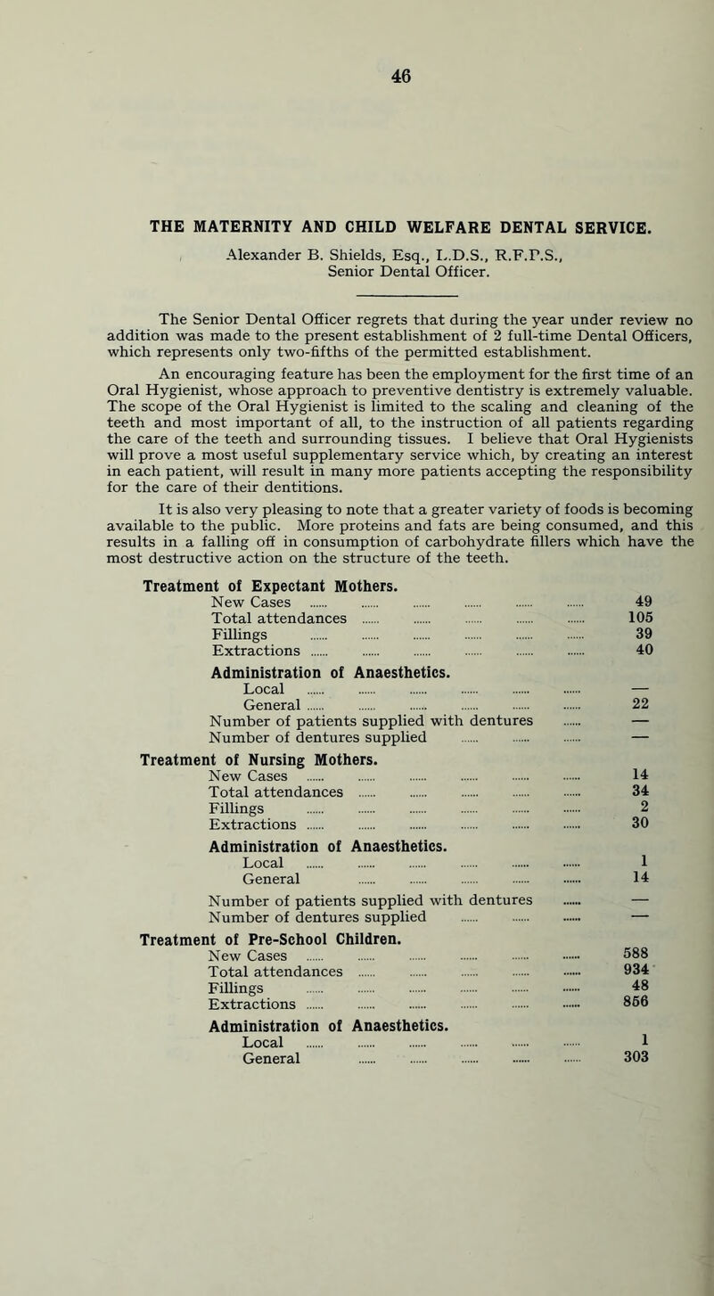 THE MATERNITY AND CHILD WELFARE DENTAL SERVICE. Alexander B. Shields, Esq., L.D.S., R.F.T.S., Senior Dental Officer. The Senior Dental Officer regrets that during the year under review no addition was made to the present establishment of 2 full-time Dental Officers, which represents only two-fifths of the permitted establishment. An encouraging feature has been the employment for the first time of an Oral Hygienist, whose approach to preventive dentistry is extremely valuable. The scope of the Oral Hygienist is limited to the scaling and cleaning of the teeth and most important of all, to the instruction of all patients regarding the care of the teeth and surrounding tissues. I believe that Oral Hygienists will prove a most useful supplementary service which, by creating an interest in each patient, will result in many more patients accepting the responsibility for the care of their dentitions. It is also very pleasing to note that a greater variety of foods is becoming available to the public. More proteins and fats are being consumed, and this results in a falling off in consumption of carbohydrate fillers which have the most destructive action on the structure of the teeth. Treatment of Expectant Mothers. New Cases 49 Total attendances 105 Fillings 39 Extractions 40 Administration of Anaesthetics. Local — General 22 Number of patients supplied with dentures — Number of dentures supplied — Treatment of Nursing Mothers. New Cases 14 Total attendances 34 Fillings 2 Extractions 30 Administration of Anaesthetics. Local 1 General 14 Number of patients supplied with dentures — Number of dentures supplied — Treatment of Pre-School Children. New Cases 588 Total attendances 934 Fillings 48 Extractions 866 Administration of Anaesthetics. Local 1 General 303
