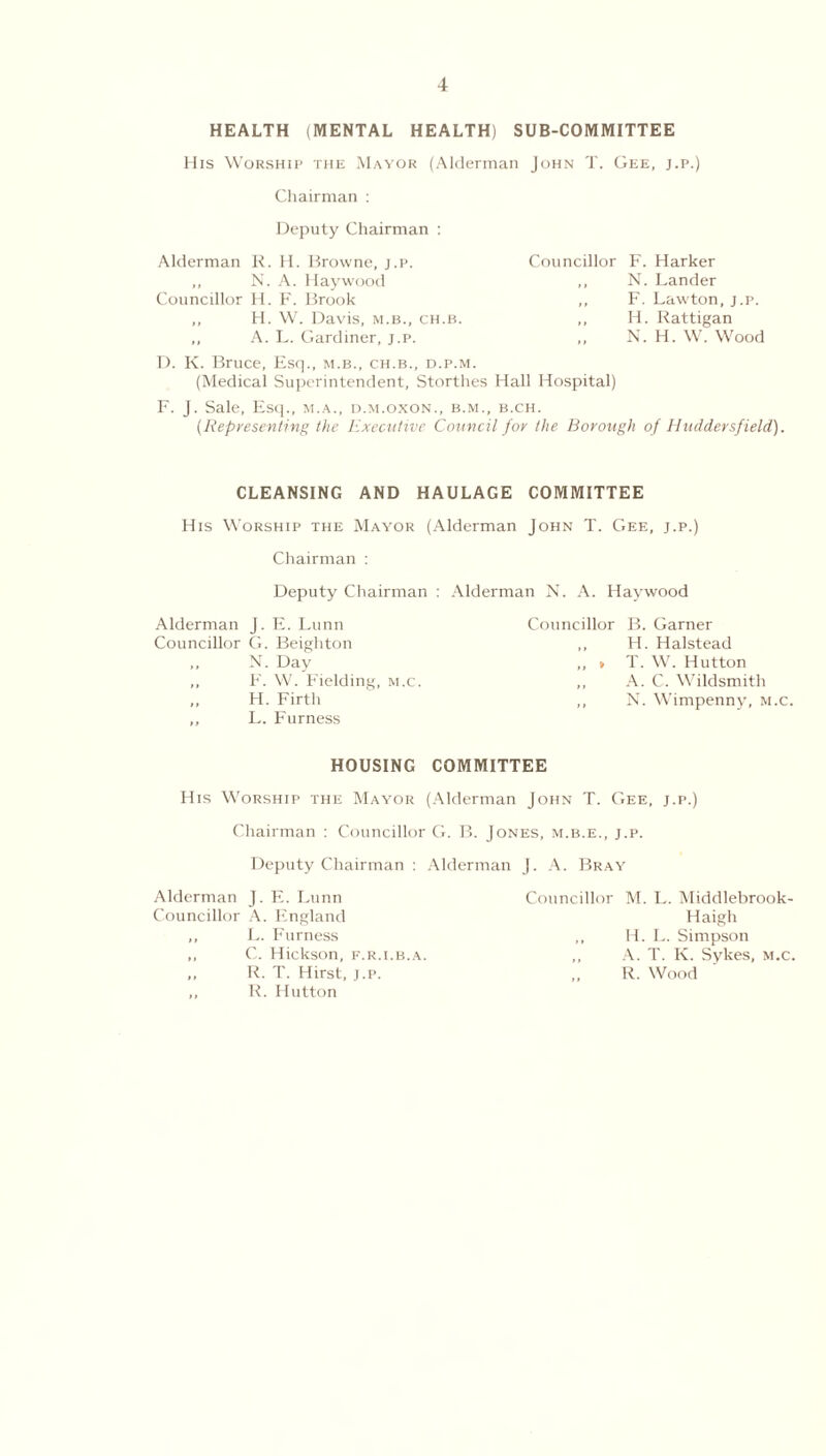 HEALTH (MENTAL HEALTH) SUB-COMMITTEE His Worship the Mayor (Alderman John T. Gee, j.p.) Chairman : Deputy Chairman : Alderman R. H. Browne, j.p. ,, N. A. Haywood Councillor H. F. Brook ,, H. W. Davis, m.b., ch.b. ,, A. L. Gardiner, j.p. Councillor F. Harker ,, N. Lander ,, F. Lawton, j.p. ,, H. Rattigan ,, N. H.W. Wood D. K. Bruce, Esq., m.b., ch.b., d.p.m. (Medical Superintendent, Storthes Hall Hospital) F. J. Sale, Esq., m.a., d.m.oxon., b.m., b.ch. (Representing the Executive Council for the Borough of Huddersfield). CLEANSING AND HAULAGE COMMITTEE His Worship the Mayor (Alderman John T. Gee, j.p.) Chairman : Deputy Chairman : Alderman N. A. Haywood Alderman J. E. Lunn Councillor G. Beighton ,, N. Day ,, F. W. Fielding, m.c. ,, H. Firth ,, L. Furness Councillor B. Garner ,, H. Halstead ,, > T. W. Hutton ,, A. C. Wildsmith ,, N. Wimpenny, m.c. HOUSING COMMITTEE His Worship the Mayor (Alderman John T. Gee, j.p.) Chairman : Councillor G. B. Jones, m.b.e., j.p. Deputy Chairman : Alderman J. A. Bray Alderman J. E. Lunn Councillor M. L. Middlebrook- Councillor A. England Haigh ,, L. Furness ,, H. L. Simpson ,, C. Hickson, f.r.i.b.a. ,, A. T. K. Sykes, m.c. ,, R. T. Hirst, j.p. ,, R. Wood ,, R. Hutton