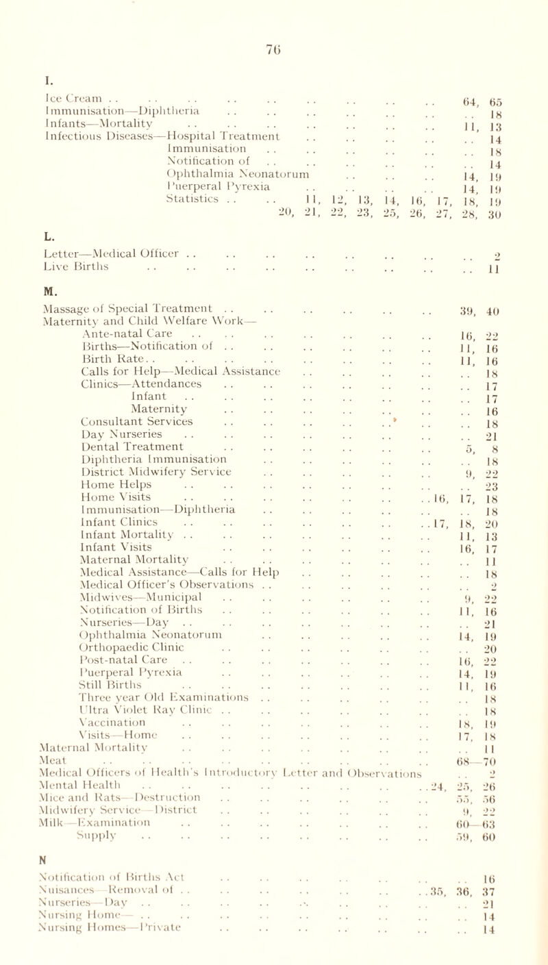 70 I. Ice Crcam 64, 65 Immunisation—Diphtheria .. .. .. .. 1^ Infants—Mortality .. .. .. .. .. .. II J.‘f Infectious Diseases—Hospital Treatment . . . . . . . .' 14 Immunisation . . . . 1^ Notification of . . . . .. 14 Ophthalmia Neonatorum . . . . 14 19 Puerperal Pyrexia . . . . . . , _ 1419 Statistics .. .. I I, 12, 13, 14, 16, 17, 18,’ 19 20, 21, 22, 23, 25, 26, 27, 28,’ 30 L. Letter—Medical Officer . . . . . . . . . . .. ., 2 Live Births . . . . . . . . . . . . .. , . ..11 M. Massage of Special Treatment . . . . . . . . . . . . 39 40 Maternity and Child Welfare Work— Ante-natal Care . . . . . . . . . . . . . . 16 22 Births—Notification of . . . . . . . . . . . 1116 Birth Rate. . . . . . . . . . . . . . . . 11,16 Calls for Help—Medical Assistance . . . . . . . . . jg Clinics—Attendances . . . . . . . . . . . . . . 17 Infant . . . . . . . . . . . . . , .. 17 Maternity . . . . . . . . . . , . . . 16 Consultant Services . . . . . . . . . .* . . . . 18 Day Nurseries . . . . . . . . . . . . . . . . 21 Dental Treatment . . . . . . . . . . . . 5, 8 Diphtheria Immunisation . . . . . . . . . . District Midwifery Service . . . . . . . . . . 9 22 Home Helps . . . . . . . . . . . . . . . . 23 Home Visits .. .. .. .. .. .. ..16, 17, 18 Immunisation—Diphtheria . . . . . . . . . . . . 18 Infant Clinics . . . . . . . . . . . . . . 17, 18, 20 Infant Mortality . . . . . . . . . . . . 11,15 Infant Visits .. .. .. .. .. .. 16, 17 Maternal Mortality . . . . . . . . . . . . ..11 Medical Assistance—Calls for Help . . . . . . . . . . ig Medical Officer’s Observations . . . . . . . . . . . . ■> Midwives—Municipal . . . . . . . . . . . . 9, 22 Notification of Births . . . . .. . . . . 11,16 Nurseries—Day . . . . . . . . . , . . . . . . 21 Ophthalmia Neonatorum . . . . . . . . 14, 19 Orthopaedic Clinic . . . . . . . . . . . . . . 20 Post-natal Care . . . . . . . . . . . . . . 16, 22 Puerperal Pyrexia . . . . . . . . 14, 19 Still Births . . . . . . . . . . . . 11,16 Three year Old Examinations . . . . . . . . . . |8 Ultra Violet Ray Clinic . . . . . . . . . . . . |g Vaccination . . . . . . 18,19 Visits—Home . . . . 17, 18 Maternal Mortality . . . . . . . . . . . . . . 11 Meat . . . ■ • • . . . . . . . 68—70 Medical Officers of Health's Introductory Letter and Observations . . 2 Mental Health . . . . .. , . ^ 25, 26 Mice and Rats—Destruction . . . . . . . . . . .. .5.-, 55 Midwifery Service—District .. .. .. .. .. .. 9, 22 Milk—Examination .. .. .. .. .. .. .. 60- 63 Supply ,->9, 60 N Notification of Births Act .. . . . . . . . . 16 Nuisances -Removal of . . . . . . . . , .35 36, 37 Nurseries—Day . . . . . . . . . . . . . . 21 Nursing Home— . . . . . . . . . . . . . . . 14 Nursing Homes—Private .. .. .. .. .. 14