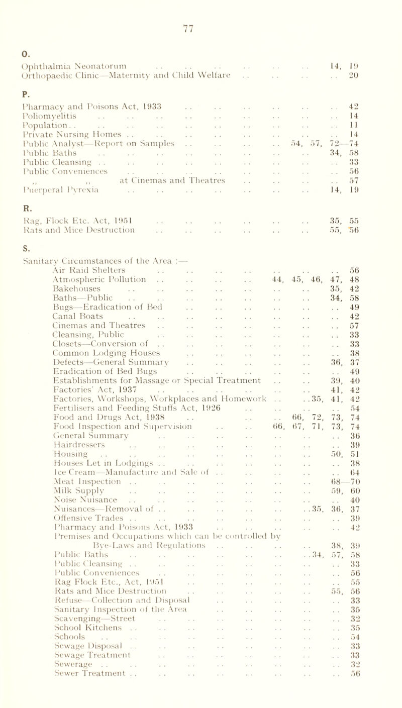 / I 0. Ophthalmia Neonatorum 14, 11 > Orthopaedic Clinic - -Maternity and Child Welfare . . . 20 P. Pharmacy and Poisons Act, 1933 Poliomyelitis Population. . Private Nursing Homes Public Analyst—Report on Samples . . '>4, 57, Public Baths Public Cleansing Public Conveniences ,, ,, at Cinemas and Theatres Puerperal Pyrexia 42 14 II 14 7 2 74 34, 58 . . 33 56 . . 57 14, 1!) R. Rag, Flock Etc. Act, 11151 35, 55 Rats and Mice Destruction . . . . . . . . . . . . 55, T>6 S. Sanitary Circumstances of the Area Air Raid Shelters . . 56 Atmospheric Pollution 44, 45, 46, 47, 48 Bakehouses 35. 42 Baths—Public 34, 58 Bugs—Eradication of Bed 49 Canal Boats 42 Cinemas and Theatres . . 57 Cleansing, Public . . 33 Closets—Conversion of . . . . 33 Common Lodging Houses . . 38 Defects—General Summary 36, 37 Eradication of Bed Bugs 49 Establishments for Massage or Special Treatment 39, 40 Factories' Act, 1937 41, 42 Factories, Workshops, Workplaces and Homewor \ . . . . 35, 41, 42 Fertilisers and Feeding Stuffs Act, 1926 . . 54 Food and Drugs Act, 1938 66, 72. 73, 74 Food Inspection and Supervision 66, 67, 71, 73, 74 General Summary . . 36 Hairdressers . . 39 Housing 50, 51 Houses Let in Lodgings . . . . 38 IceCream -Manufacture and Sale of .. 64 Meat Inspection 68—70 Milk Supply 59, 60 Noise Nuisance 40 Nuisances—Removal of . . . . 35. 36, 37 Offensive Trades . . 39 Pharmacy and Poisons Act, 1933 Premises and Occupations which can be controllei 1 by 42 Bye-Laws and Regulations 38, 39 Public Baths . .34, 57, 58 Public Cleansing . . . . 33 Public Conveniences . . 56 Rag Flock Etc., Act, 1951 . . 55 Rats and Mice Destruction 55, 56 Refuse—Collection and Disposal . . 33 Sanitary Inspection of the Area 35 Scavenging—Street . . 32 School Kitchens . . 35 Schools 54 Sewage Disposal . . 33 Sewage Treatment . . 33 Sewerage . . 32