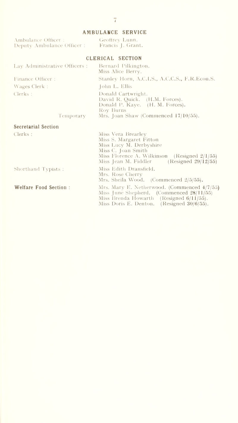 AMBULANCE SERVICE \mbulance Officer ; Geoff re\ Luan. Deputv Ambulance Officer : Francis |. Grant. CLERICAL SECTION Lay Administrative Officers : Bernard I’ilkington. Miss Alice Berry. 1 inance Officer : Stanley Horn, X.C.I.S., A.C.C.S., F'.R.Econ.S. W ages Clerk : John L. Ellis Clerks : Donald Cartwright. David R. Quick. (H.M. Forces). Donald I’. Kaye. (II. M. Forces). Roy Burns Temporary Mrs. Joan Shaw (Commenced 17/10/55). Secretarial Section Clerks : Shorthand Typists : Welfare Food Section : Miss Vera Brearley Miss S. Margaret Fitton Miss Lucy M. Derbyshire Miss C. Joan Smith Miss Florence A. Wilkinson (Resigned 2/1/55) Miss Jean M. Fiddler (Resigned 29/12/55) Miss F.dith Dransfield. Mrs. Rose Cherry Mrs. Sheila Wood. (Commenced 2/5/55). Mrs. Mary E. Xetherwood. (Commenced 4/7/55) Miss June Shepherd. (Commenced 28/11/55) Miss Brenda Howarth (Resigned 6/11/55). Miss Doris E. Denton. (Resigned 30/6/55).