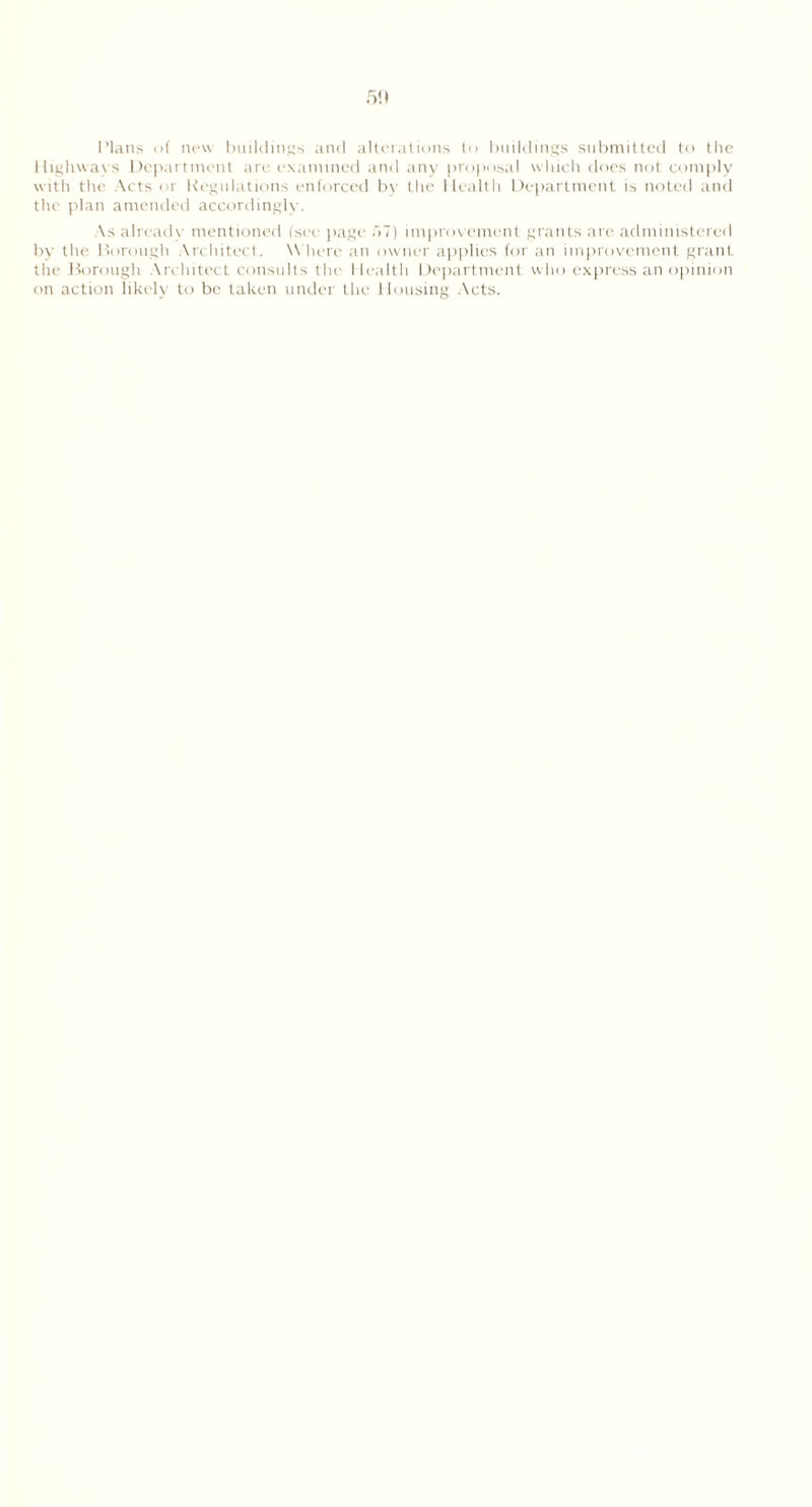 5!> I'lans of new buildings and alterations to buildings submitted to the Highways Department are examined and any proposal which does not comply with the Acts or Regulations enforced by the Health Department is noted and the plan amended accordingly. As already mentioned (see page 57) improvement grants are administered by the Borough Architect. W here an owner applies for an improvement grant the Borough Architect consults the Health Department who express an opinion on action likely to be taken under the Housing Acts.