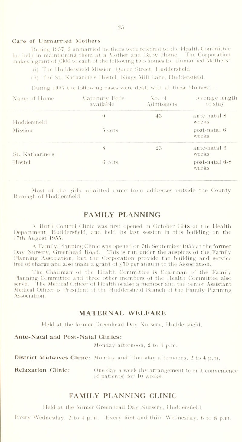 Care of Unmarried Mothers During 1957, 3 unmarried mothers were referred to the Health t ommittee for help m maintaining them at a Mother and Baby Home. I he Corporation makes a grant of /300 to each of the follow ing two homes for l nmarried Mothers: ji) The Huddersfield Mission, (hieen Street, Huclderslield 11) The St. Katharine s Hostel, Kings Mill Lane, Huddersfield. During 1!(.'>7 the following cases were dealt with at these Homes: Name of Home Maternity Beds No. of \verage length available Admissions of stay !> 4B ante-natal 8 f 1 uddersrteld weeks Mission cots post-natal <> weeks X 23 ante-natal <i St. Katharine's weeks Hostel »> cols post-natal ti-S weeks Most ol the girls admitted came from addresses outside the Count} Borough of Huddersfield. FAMILY PLANNING A Birth Control Clinic was first opened in October 1948 at the Health Department, Huddersfield, and held its last session in this building on the 17th August 1955. A Family Planning Clinic was opened on 7th September 1955 at the former Day Nursery, Greenhead Road. This is run under the auspices of the Family Planning Association, but the Corporation provide the building and service free of charge and also make a grant of /50 per annum to the Association. The Chairman of the Health Committee is Chairman of the Family Planning Committee and three other members of the Health Committee also serve. The Medical Officer of Health is also a member and the Senior Assistant Medical Officer is President of the Huddersfield Branch of the Family Planning Association. MATERNAL WELFARE Held at the former Greenhead Dav Nursery, Huddersfield. Ante-Natal and Post-Natal Clinics: Monday afternoon, 2 to 4 p.m. District Midwives Clinic: Monday and Thursday afternoons, 2 to 4 p.m. Relaxation Clinic: One day a week (by arrangement to suit convenience of patients) tin It) weeks. FAMILY PLANNING CLINIC Held at the former Greenhead Day Nursery , Huddersfield, hi very Wednesday, 2 to 4 p.m. livery lust and third Wednesday , <i to 8 p.m.
