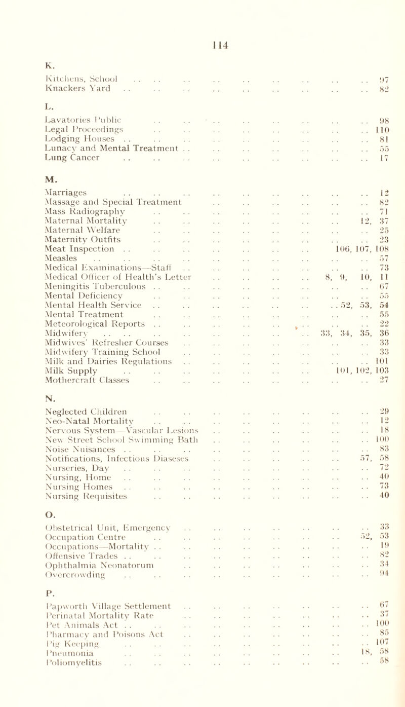 K. Kitchens, School Knackers Yard L. Lavatories I’ublic . , Legal Proceedings Lodging Houses Lunacy and Mental Treatment Lung Cancer ;i7 82 98 110 81 M. Marriages Massage ami Special Treatment Mass Radiography Maternal Mortality Maternal Welfare Maternity Outfits Meat Inspection Measles Medical Examinations—Staff Medical Officer of Health's Letter Meningitis Tuberculous Mental Deficiency Mental Health Service Mental Treatment Meteorological Reports Midwifery Mid wives' Refresher Courses . . Midwifery Training School . . Milk and Dairies Regulations Milk Supply Mothercraft Classes . . 12 82 n 1 / J 12, 37 .) ft 100, . . .•) . . 23 107, 108 0, . . 57 73 10, 11 . . 07 . 52, . . , >5 53, 54 . . 55 •>-> 34, 35, 30 33 101, . . .)•» , . 101 102, 103 . . 27 N. Neglected Children Neo-Natal Mortality Nervous System Vascular Lesions New Street School Swimming Bath Noise Nuisances Notifications, Infectious Diaseses Nurseries, Day Nursing, Home Nursing Homes Nursing Requisites O. Obstetrical Unit, Emergency Occupation Centre Occupations—Mortality Offensive Trades Ophthalmia Neonatorum Overcrowding P. Papworth Village Settlement . . Perinatal Mortality Rate Pet Animals Act Pharmacy and Poisons Act . . Pig Keeping Pneumonia Poliomyelitis . . 29 I-2 18 . . 100 83 57, 58 72 40 7:i . . 40 33 19 82 :u 04 07 .. 37 . . 100 85 . . 107 1S, 58 . . 58