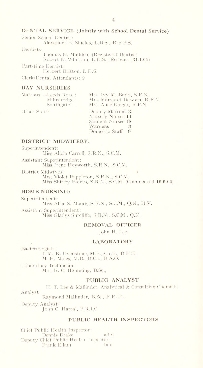 DENTAL SERVICE (Jointly with School Dental Service) Senior School Dentist: Alexander E>. Shields, L.D.S., R.F.I’.S. I ientists: Thomas II. Madden, (Registered Dentist) Robert E. Whittam, I..D.S. (Resigned 31.1.(10) Part-time Dentist: Herbert Britton, L.D.S. Clerk/Dental Attendants: 2 DAY NURSERIES Matrons—Leeds Road: Milnsbridge: Southgate: Other Staff: Mrs. Ivy M. P>udd, S.R.X. Mrs. Margaret Dawson, R.F.X. Mrs. Alice Gaiger, R.F.X. Deputy Matrons 3 Nursery Nurses 1 I Student Nurses IS Wardens 3 Domestic Staff !) DISTRICT MIDWIFERY: Superintendent: Miss Alicia Carroll, S.R.X., S.C.M. Assistant Superintendent: Miss Irene Heyworth, S.R.X., S.C.M. District Midwives: * Mrs. Violet Poppleton, S.R.X’., S.C.M. Miss Shirley Baines, S.R.N., S.C.M. (Commenced 1(1.6.60) HOME NURSING: Superintendent: Miss Alice S. Moore, S.R.X., S.C.M., Q.N., HA'. Assistant Superintendent: Miss Gladys Sutcliffe, S.R.N., S.C.M., Q.N. REMOVAL OEFICER John H. Lee LABORATORY Bacteriologists: I. M. K. Ovenstone, M.B., Ch.B., D.P.H. M. II. Moles, M.B., B.Ch., B.A.O. Laboratory Technician: Mrs. R. C. Hemming, Tl.Sc., PUBLIC ANALYST H. T. Lee & Mallinder, Analytical & Consulting Chemists. Analyst: Raymond Mallinder, 11.Sc., F.R.T.C. Deputy Analyst: John C, Harral, F.R.I.C. PUBLIC HEALTH INSPECTORS Chief Public Health Inspector: Dennis Drake adef Deputy Chief Public Health Inspector: Frank Ellam bde