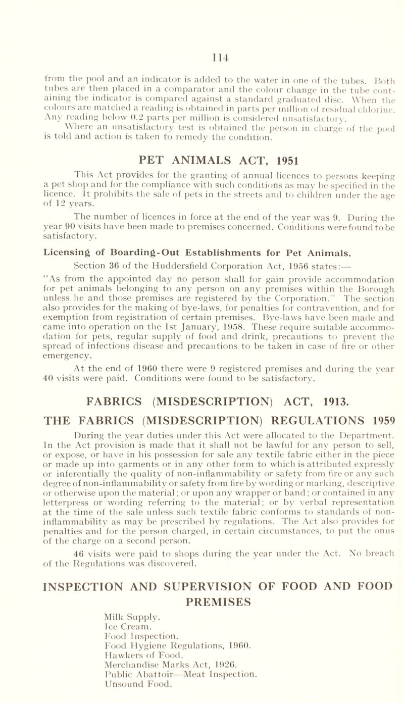 from the pool anil an indicator is added to the water in one of the tubes. Both tubes are then placed in a comparator and the colour change in the tube cont- aining the indicator is compared against a standard graduated disc. When the colours are matched a reading is obtained in parts per million of residual chlorine. Any reading below 0.2 parts per million is considered unsatisfactory. \\ here an unsatisfactory test is obtained the person in charge of the pool is told and action is taken to remedy the condition. PET ANIMALS ACT, 1951 This Act provides for the granting of annual licences to persons keeping a pet shop and for the compliance with such conditions as may be specified in the licence. It prohibits the sale of pets in the streets and to children under the age of 1 2 years. The number of licences in force at the end of the year was 9. During the year 90 visits have been made to premises concerned. Conditions were found to be satisfactory. Licensing of Boarding-Out Establishments for Pet Animals. Section 36 of the Huddersfield Corporation Act, 1956 states:— “As from the appointed day no person shall for gain provide accommodation for pet animals belonging to any person on any premises within the Borough unless he and those premises are registered by the Corporation.'’ The section also provides for the making of bye-laws, for penalties for contravention, and for exemption from registration of certain premises. Bye-laws have been made and came into operation on the 1st January, 1958. These require suitable accommo- dation for pets, regular supply of food and drink, precautions to prevent the spread of infectious disease and precautions to be taken in case of fire or other emergency. At the end of 1960 there were 9 registered premises and during the year 40 visits were paid. Conditions were found to be satisfactory. FABRICS (MISDESCRIPTION) ACT, 1913. THE FABRICS (MISDESCRIPTION) REGULATIONS 1959 During the year duties under this Act were allocated to the Department. In the Act provision is made that it shall not be lawful for any person to sell, or expose, or have in his possession for sale any textile fabric either in the piece or made up into garments or in any other form to which is attributed expressly or inferentially the quality of non-inflammability or safety from fire or any such degree of non-inflammability or safety from fire by wording or marking, descriptive or otherwise upon the material; or upon any wrapper or band; or contained in any letterpress or wording referring to the material; or by verbal representation at the time of the sale unless such textile fabric conforms to standards of non- inflammability as may be prescribed by regulations. The Act also provides for penalties and for the person charged, in certain circumstances, to put file onus of the charge on a second person. 46 visits were paid to shops during the year under the Act. No breach of the Regulations was discovered. INSPECTION AND SUPERVISION OF FOOD AND FOOD PREMISES Milk Supply. Ice Cream. Food Inspection. Food Hygiene Regulations, 1960. Hawkers of Food. Merchandise Marks Act, 1926. Public Abattoir—Meat Inspection. Unsound Food.