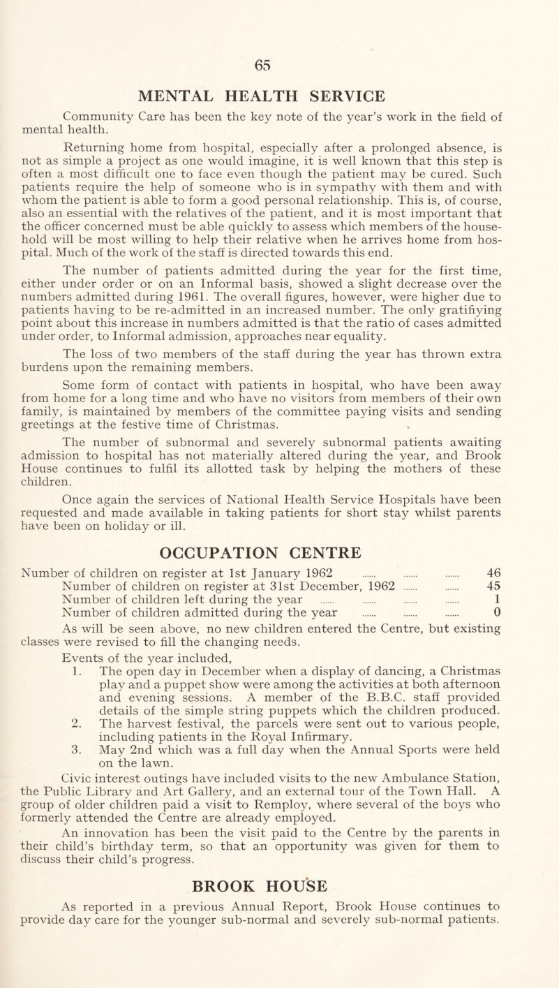 MENTAL HEALTH SERVICE Community Care has been the key note of the year’s work in the field of mental health. Returning home from hospital, especially after a prolonged absence, is not as simple a project as one would imagine, it is well known that this step is often a most difficult one to face even though the patient may be cured. Such patients require the help of someone who is in sympathy with them and with whom the patient is able to form a good personal relationship. This is, of course, also an essential with the relatives of the patient, and it is most important that the officer concerned must be able quickly to assess which members of the house- hold will be most willing to help their relative when he arrives home from hos- pital. Much of the work of the staff is directed towards this end. The number of patients admitted during the year for the first time, either under order or on an Informal basis, showed a slight decrease over the numbers admitted during 1961. The overall figures, however, were higher due to patients having to be re-admitted in an increased number. The only gratifiying point about this increase in numbers admitted is that the ratio of cases admitted under order, to Informal admission, approaches near equality. The loss of two members of the staff during the year has thrown extra burdens upon the remaining members. Some form of contact with patients in hospital, who have been away from home for a long time and who have no visitors from members of their own family, is maintained by members of the committee paying visits and sending greetings at the festive time of Christmas. The number of subnormal and severely subnormal patients awaiting admission to hospital has not materially altered during the year, and Brook House continues to fulfil its allotted task by helping the mothers of these children. Once again the services of National Health Service Hospitals have been requested and made available in taking patients for short stay whilst parents have been on holiday or ill. OCCUPATION CENTRE Number of children on register at 1st January 1962 46 Number of children on register at 31st December, 1962 45 Number of children left during the year 1 Number of children admitted during the year 0 As will be seen above, no new children entered the Centre, but existing classes were revised to fill the changing needs. Events of the year included, 1. The open day in December when a display of dancing, a Christmas play and a puppet show were among the activities at both afternoon and evening sessions. A member of the B.B.C. staff provided details of the simple string puppets which the children produced. 2. The harvest festival, the parcels were sent out to various people, including patients in the Royal Infirmary. 3. May 2nd which was a full day when the Annual Sports were held on the lawn. Civic interest outings have included visits to the new Ambulance Station, the Public Library and Art Gallery, and an external tour of the Town Hall. A group of older children paid a visit to Remploy, where several of the boys who formerly attended the Centre are already employed. An innovation has been the visit paid to the Centre by the parents in their child’s birthday term, so that an opportunity was given for them to discuss their child’s progress. BROOK HOUSE As reported in a previous Annual Report, Brook House continues to provide day care for the younger sub-normal and severely sub-normal patients.