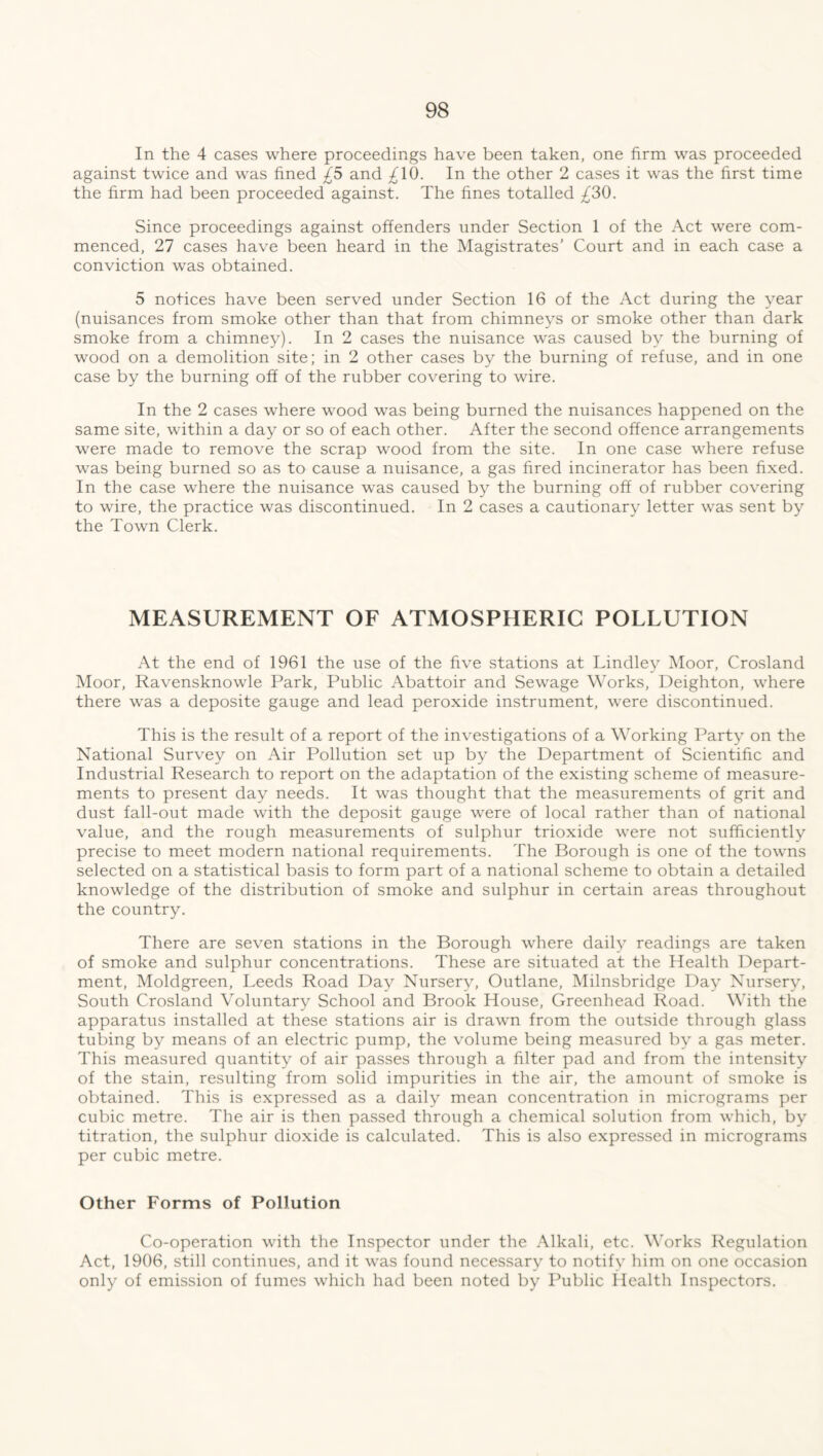 In the 4 cases where proceedings have been taken, one firm was proceeded against twice and was fined £5 and £\(). In the other 2 cases it was the first time the firm had been proceeded against. The fines totalled ^30. Since proceedings against offenders under Section 1 of the Act were com- menced, 27 cases have been heard in the Magistrates’ Court and in each case a conviction was obtained. 5 notices have been served under Section 16 of the Act during the year (nuisances from smoke other than that from chimneys or smoke other than dark smoke from a chimney). In 2 cases the nuisance was caused by the burning of wood on a demolition site; in 2 other cases by the burning of refuse, and in one case by the burning off of the rubber covering to wire. In the 2 cases where wood was being burned the nuisances happened on the same site, within a day or so of each other. After the second offence arrangements were made to remove the scrap wood from the site. In one case where refuse was being burned so as to cause a nuisance, a gas fired incinerator has been fixed. In the case where the nuisance was caused by the burning off of rubber covering to wire, the practice was discontinued. In 2 cases a cautionary letter was sent by the Town Clerk. MEASUREMENT OF ATMOSPHERIC POLLUTION At the end of 1961 the use of the five stations at Lindley Moor, Crosland Moor, Ravensknowle Park, Public Abattoir and Sewage Works, Deighton, where there was a deposite gauge and lead peroxide instrument, were discontinued. This is the result of a report of the investigations of a Working Party on the National Survey on Air Pollution set up by the Department of Scientific and Industrial Research to report on the adaptation of the existing scheme of measure- ments to present day needs. It was thought that the measurements of grit and dust fall-out made with the deposit gauge were of local rather than of national value, and the rough measurements of sulphur trioxide were not sufficiently precise to meet modern national requirements. The Borough is one of the towns selected on a statistical basis to form part of a national scheme to obtain a detailed knowledge of the distribution of smoke and sulphur in certain areas throughout the country. There are seven stations in the Borough where daily readings are taken of smoke and sulphur concentrations. These are situated at the Health Depart- ment, Moldgreen, Leeds Road Day Nursery, Outlane, Milnsbridge Day Nursery, South Crosland Voluntary School and Brook House, Greenhead Road. With the apparatus installed at these stations air is drawn from the outside through glass tubing by means of an electric pump, the volume being measured by a gas meter. This measured quantity of air passes through a filter pad and from the intensity of the stain, resulting from solid impurities in the air, the amount of smoke is obtained. This is expressed as a daily mean concentration in micrograms per cubic metre. The air is then passed through a chemical solution from which, by titration, the sulphur dioxide is calculated. This is also expressed in micrograms per cubic metre. Other Forms of Pollution Co-operation with the Inspector under the Alkali, etc. Works Regulation Act, 1906, still continues, and it was found necessary to notify him on one occasion only of emission of fumes which had been noted by Public Health Inspectors.