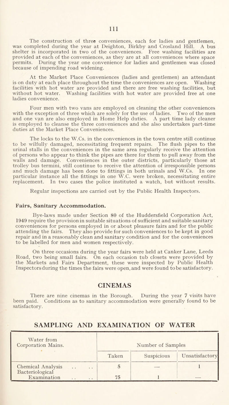 The construction of three conveniences, each for ladies and gentlemen, was completed during the year at Deighton, Birkby and Crosland Hill. A bus shelter is incorporated in two of the conveniences. Free washing facilities are provided at each of the conveniences, as they are at all conveniences where space permits. During the year one convenience for ladies and gentlemen was closed because of impending road widening. At the Market Place Conveniences (ladies and gentlemen) an attendant is on duty at each place throughout the time the conveniences are open. Washing facilities with hot water are provided and there are free washing facilities, but without hot water. Washing facilities with hot water are provided free at one ladies convenience. Four men with two vans are employed on cleaning the other conveniences with the exception of three which are solely for the use of ladies. Two of the men and one van are also employed in Home Help duties. A part time lady cleaner is employed to cleanse the three conveniences and she also undertakes part-time duties at the Market Place Conveniences. The locks to the W.Cs. in the conveniences in the town centre still continue to be wilfully damaged, necessitating frequent repairs. The flush pipes to the urinal stalls in the conveniences in the same area regularly receive the attention of persons who appear to think the pipes are there for them to pull away from the walls and damage. Conveniences in the outer districts, particularly those at trolley bus termini, still continue to receive the attention of irresponsible persons and much damage has been done to fittings in both urinals and W.Cs. In one particular instance all the fittings in one W.C. were broken, necessitating entire replacement. In two cases the police instituted a watch, but without results. Regular inspections are carried out by the Public Health Inspectors. Fairs, Sanitary Accommodation. Bye-laws made under Section 80 of the Huddersfield Corporation Act, 1949 require the provision in suitable situations of sufficient and suitable sanitary conveniences for persons employed in or about pleasure fairs and for the public attending the fairs. They also provide for such conveniences to be kept in good repair and in a reasonably clean and sanitary condition and for the conveniences to be labelled for men and women respectively. On three occasions during the year fairs were held at Canker Lane, Leeds Road, two being small fairs. On each occasion tub closets were provided by the Markets and Fairs Department, these were inspected by Public Health Inspectors during the times the fairs were open, and were found to be satisfactory. CINEMAS There are nine cinemas in the Borough. During the year 7 visits have been paid. Conditions as to sanitary accommodation were generally found to be satisfactory. SAMPLING AND EXAMINATION OF WATER Water from Corporation Mains. Number of Samples Taken Suspicious Unsatisfactory Chemical Analysis 5 — 1 Bacteriological Examination 75 1 —