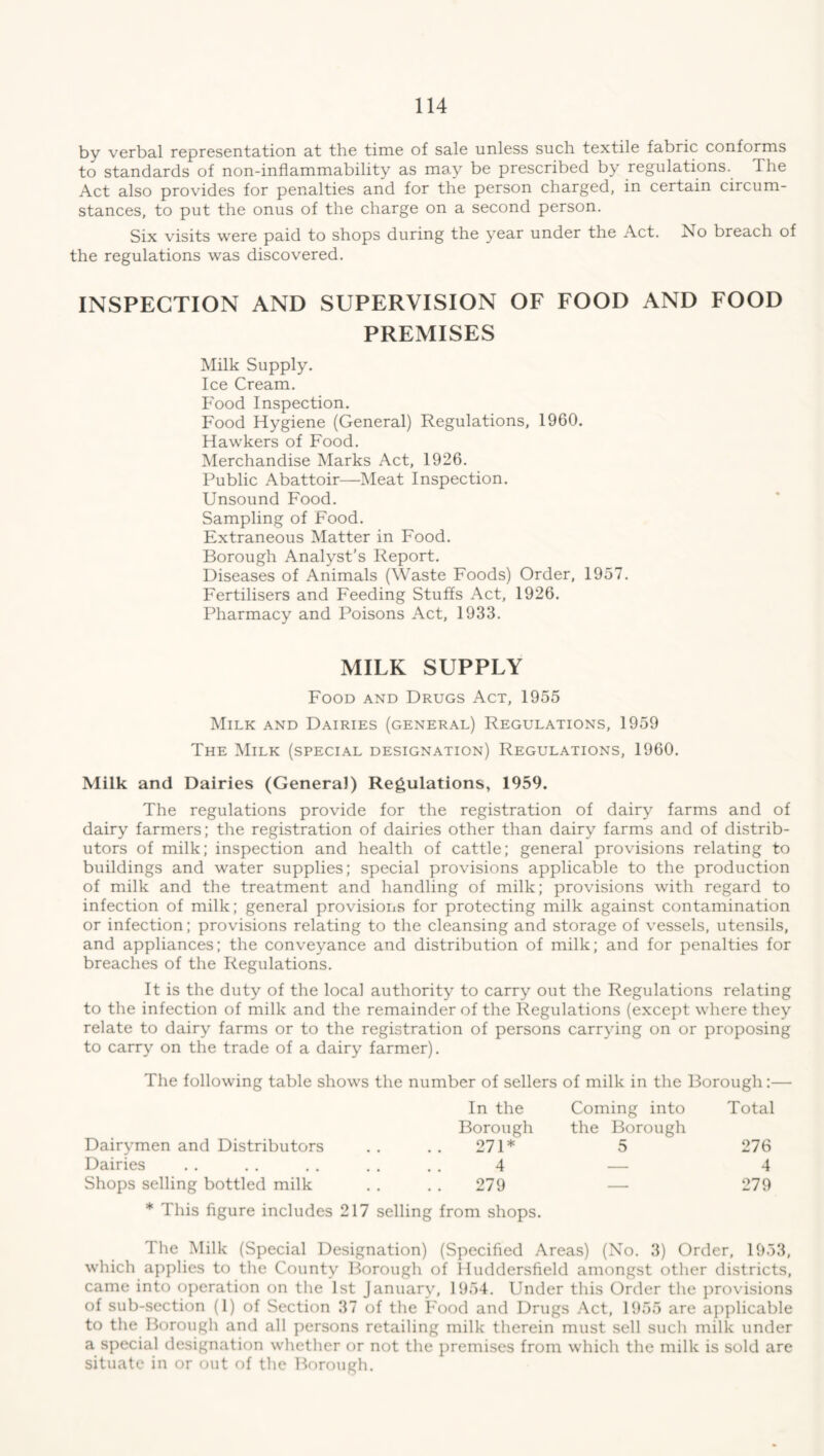 by verbal representation at the time of sale unless such textile fabric conforms to standards of non-inflammability as may be prescribed by regulations. The Act also provides for penalties and for the person charged, in certain circum- stances, to put the onus of the charge on a second person. Six visits were paid to shops during the year under the Act. No breach of the regulations was discovered. INSPECTION AND SUPERVISION OF FOOD AND FOOD PREMISES Milk Supply. Ice Cream. Food Inspection. Food Hygiene (General) Regulations, 1960. Hawkers of Food. Merchandise Marks Act, 1926. Public Abattoir—Meat Inspection. Unsound Food. Sampling of Food. Extraneous Matter in Food. Borough Analyst’s Report. Diseases of Animals (Waste Foods) Order, 1957. Fertilisers and Feeding Stuffs Act, 1926. Pharmacy and Poisons Act, 1933. MILK SUPPLY Food and Drugs Act, 1955 Milk and Dairies (general) Regulations, 1959 The Milk (special designation) Regulations, 1960. Milk and Dairies (General) Regulations, 1959. The regulations provide for the registration of dairy farms and of dairy farmers; the registration of dairies other than dairy farms and of distrib- utors of milk; inspection and health of cattle; general provisions relating to buildings and water supplies; special provisions applicable to the production of milk and the treatment and handling of milk; provisions with regard to infection of milk; general provisions for protecting milk against contamination or infection; provisions relating to the cleansing and storage of vessels, utensils, and appliances; the conveyance and distribution of milk; and for penalties for breaches of the Regulations. It is the duty of the local authority to carry out the Regulations relating to the infection of milk and the remainder of the Regulations (except where they relate to dairy farms or to the registration of persons carrying on or proposing to carry on the trade of a dairy farmer). The following table shows the number of sellers of milk in the Borough:— In the Coming into Total Borough the Borough Dairymen and Distributors 271* 5 276 Dairies 4 — 4 Shops selling bottled milk 279 — 279 * This figure includes 217 selling from shops. The Milk (Special Designation) (Specified Areas) (No. 3) Order, 1953, which applies to the County Borough of Huddersfield amongst other districts, came into operation on the 1st January, 1954. Under this Order the provisions of sub-section (1) of Section 37 of the Food and Drugs Act, 1955 are applicable to the Borough and all persons retailing milk therein must sell such milk under a special designation whether or not the premises from which the milk is sold are situate in or out of the Borough.