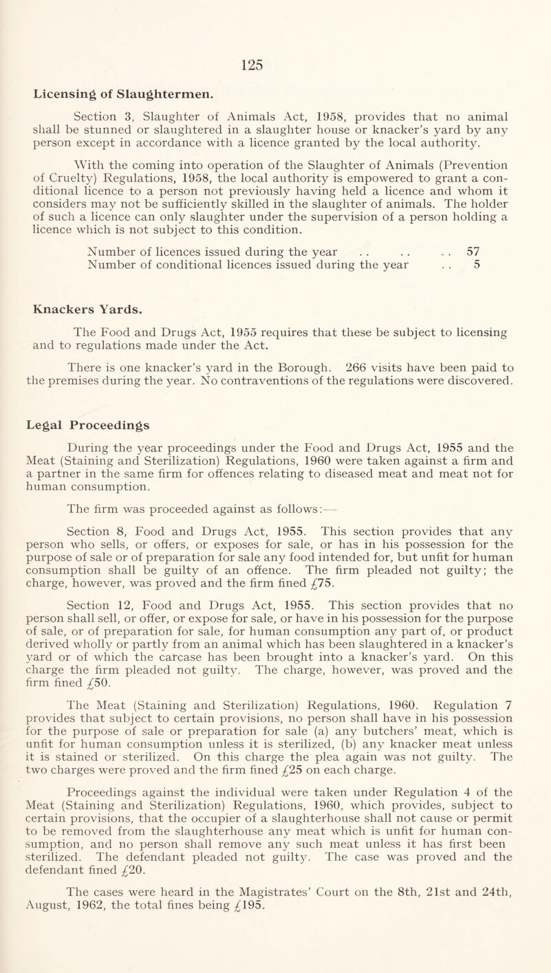 Licensing of Slaughtermen. Section 3, Slaughter of Animals Act, 1958, provides that no animal shall be stunned or slaughtered in a slaughter house or knacker’s yard by any person except in accordance with a licence granted by the local authority. With the coming into operation of the Slaughter of Animals (Prevention of Cruelty) Regulations, 1958, the local authority is empowered to grant a con- ditional licence to a person not previously having held a licence and whom it considers may not be sufficiently skilled in the slaughter of animals. The holder of such a licence can only slaughter under the supervision of a person holding a licence which is not subject to this condition. Number of licences issued during the year . . . . 57 Number of conditional licences issued during the year . . 5 Knackers Yards. The Food and Drugs Act, 1955 requires that these be subject to licensing and to regulations made under the Act. There is one knacker’s yard in the Borough. 266 visits have been paid to the premises during the year. No contraventions of the regulations were discovered. Legal Proceedings During the year proceedings under the Food and Drugs Act, 1955 and the Meat (Staining and Sterilization) Regulations, 1960 were taken against a firm and a partner in the same firm for offences relating to diseased meat and meat not for human consumption. The firm was proceeded against as follows:-— Section 8, Food and Drugs Act, 1955. This section provides that any person who sells, or offers, or exposes for sale, or has in his possession for the purpose of sale or of preparation for sale any food intended for, but unfit for human consumption shall be guilty of an offence. The firm pleaded not guilty; the charge, however, was proved and the firm fined £15. Section 12, Food and Drugs Act, 1955. This section provides that no person shall sell, or offer, or expose for sale, or have in his possession for the purpose of sale, or of preparation for sale, for human consumption any part of, or product derived wholly or partly from an animal which has been slaughtered in a knacker’s yard or of which the carcase has been brought into a knacker’s yard. On this charge the firm pleaded not guilty. The charge, however, was proved and the firm fined £50. The Meat (Staining and Sterilization) Regulations, 1960. Regulation 7 provides that subject to certain provisions, no person shall have in his possession for the purpose of sale or preparation for sale (a) any butchers’ meat, which is unfit for human consumption unless it is sterilized, (b) any knacker meat unless it is stained or sterilized. On this charge the plea again was not guilty. The two charges were proved and the firm fined £25 on each charge. Proceedings against the individual were taken under Regulation 4 of the Meat (Staining and Sterilization) Regulations, 1960, which provides, subject to certain provisions, that the occupier of a slaughterhouse shall not cause or permit to be removed from the slaughterhouse any meat which is unfit for human con- sumption, and no person shall remove any such meat unless it has first been sterilized. The defendant pleaded not guilt}!,- The case was proved and the defendant fined £20. The cases were heard in the Magistrates’ Court on the 8th, 21st and 24th, August, 1962, the total fines being ^195.