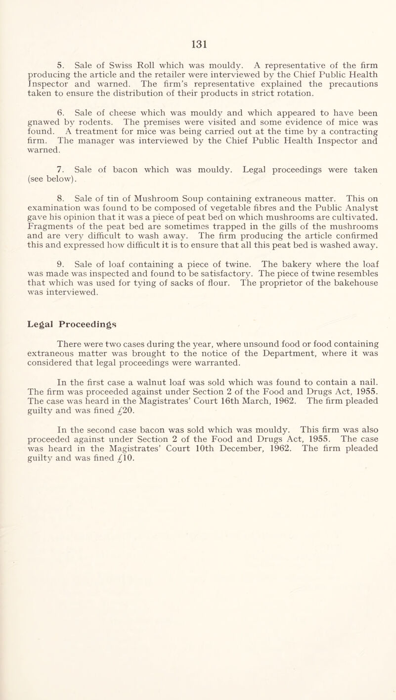 5. Sale of Swiss Roll which was mouldy. A representative of the firm producing the article and the retailer were interviewed by the Chief Public Health Inspector and warned. The firm’s representative explained the precautions taken to ensure the distribution of their products in strict rotation. 6. Sale of cheese which was mouldy and which appeared to have been gnawed by rodents. The premises were visited and some evidence of mice was found. A treatment for mice was being carried out at the time by a contracting firm. The manager was interviewed by the Chief Public Health Inspector and warned. 7. Sale of bacon which was mouldy. Legal proceedings were taken (see below). 8. Sale of tin of Mushroom Soup containing extraneous matter. This on examination was found to be composed of vegetable fibres and the Public Analyst gave his opinion that it was a piece of peat bed on which mushrooms are cultivated. Fragments of the peat bed are sometimes trapped in the gills of the mushrooms and are very difficult to wash away. The firm producing the article confirmed this and expressed how difficult it is to ensure that all this peat bed is washed away. 9. Sale of loaf containing a piece of twine. The bakery where the loaf was made was inspected and found to be satisfactory. The piece of twine resembles that which was used for tying of sacks of flour. The proprietor of the bakehouse was interviewed. Legal Proceedings There were two cases during the year, where unsound food or food containing extraneous matter was brought to the notice of the Department, where it was considered that legal proceedings were warranted. In the first case a walnut loaf was sold which was found to contain a nail. The firm was proceeded against under Section 2 of the Food and Drugs Act, 1955. The case was heard in the Magistrates’ Court 16th March, 1962. The firm pleaded guilty and was fined £20. In the second case bacon was sold which was mouldy. This firm was also proceeded against under Section 2 of the Food and Drugs Act, 1955. The case was heard in the Magistrates’ Court 10th December, 1962. The firm pleaded guilty and was fined ^10.