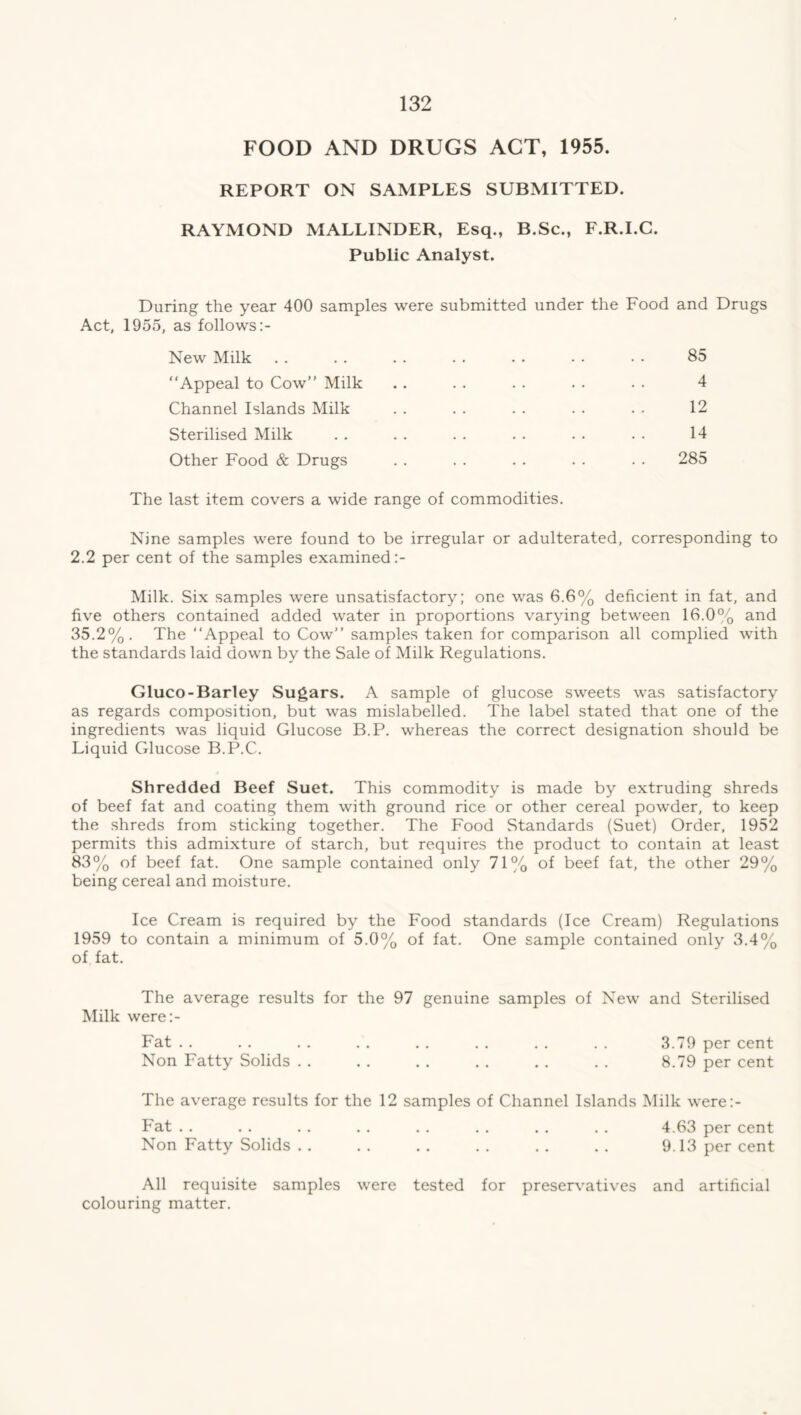 FOOD AND DRUGS ACT, 1955. REPORT ON SAMPLES SUBMITTED. RAYMOND MALLINDER, Esq., B.Sc., F.R.I.C. Public Analyst. During the year 400 samples were submitted under the Food and Drugs Act, 1955, as follows New Milk “Appeal to Cow” Milk Channel Islands Milk Sterilised Milk Other Food & Drugs 85 4 12 14 285 The last item covers a wide range of commodities. Nine samples were found to be irregular or adulterated, corresponding to 2.2 per cent of the samples examined Milk. Six samples were unsatisfactory; one was 6.6% deficient in fat, and five others contained added water in proportions varying between 16.0% and 35.2%. The “Appeal to Cow’’ samples taken for comparison all complied with the standards laid down by the Sale of Milk Regulations. Gluco- Barley Sugars. A sample of glucose sweets was satisfactory as regards composition, but was mislabelled. The label stated that one of the ingredients was liquid Glucose B.P. whereas the correct designation should be Liquid Glucose B.P.C.. Shredded Beef Suet. This commodity is made by extruding shreds of beef fat and coating them with ground rice or other cereal powder, to keep the shreds from sticking together. The Food Standards (Suet) Order, 1952 permits this admixture of starch, but requires the product to contain at least 83% of beef fat. One sample contained only 71% of beef fat, the other 29% being cereal and moisture. Ice Cream is required by the Food standards (Ice Cream) Regulations 1959 to contain a minimum of 5.0% of fat. One sample contained only 3.4% of fat. The average results for the 97 genuine samples of New and Sterilised Milk were:- Fat . . . . . . . . . . . . . . . . 3.79 per cent Non Fatty Solids . . . . . . .. . . . . 8.79 per cent The average results for the 12 samples of Channel Islands Milk were:- Fat Non Fatty Solids . . 4.63 per cent 9.13 per cent All requisite samples colouring matter. were tested for preservatives and artificial