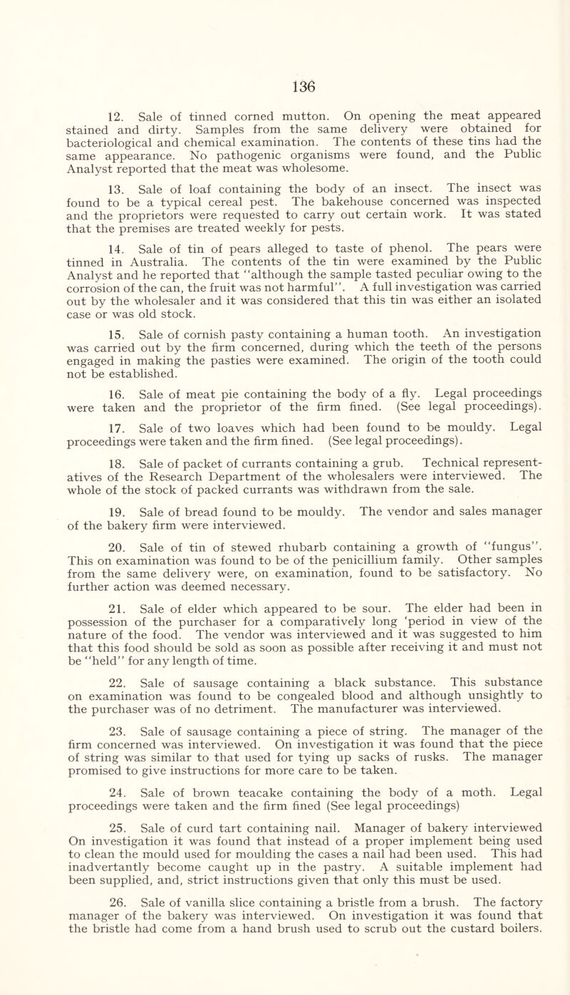 12. Sale of tinned corned mutton. On opening the meat appeared stained and dirty. Samples from the same delivery were obtained for bacteriological and chemical examination. The contents of these tins had the same appearance. No pathogenic organisms were found, and the Public Analyst reported that the meat was wholesome. 13. Sale of loaf containing the body of an insect. The insect was found to be a typical cereal pest. The bakehouse concerned was inspected and the proprietors were requested to carry out certain work. It was stated that the premises are treated weekly for pests. 14. Sale of tin of pears alleged to taste of phenol. The pears were tinned in Australia. The contents of the tin were examined by the Public Analyst and he reported that “although the sample tasted peculiar owing to the corrosion of the can, the fruit was not harmful”. A full investigation was carried out by the wholesaler and it was considered that this tin was either an isolated case or was old stock. 15. Sale of cornish pasty containing a human tooth. An investigation was carried out by the firm concerned, during which the teeth of the persons engaged in making the pasties were examined. The origin of the tooth could not be established. 16. Sale of meat pie containing the body of a fly. Legal proceedings were taken and the proprietor of the firm fined. (See legal proceedings). 17. Sale of two loaves which had been found to be mouldy. Legal proceedings were taken and the firm fined. (See legal proceedings). 18. Sale of packet of currants containing a grub. Technical represent- atives of the Research Department of the wholesalers were interviewed. The whole of the stock of packed currants was withdrawn from the sale. 19. Sale of bread found to be mouldy. The vendor and sales manager of the bakery firm were interviewed. 20. Sale of tin of stewed rhubarb containing a growth of “fungus”. This on examination was found to be of the penicillium family. Other samples from the same delivery were, on examination, found to be satisfactory. No further action was deemed necessary. 21. Sale of elder which appeared to be sour. The elder had been in possession of the purchaser for a comparatively long ‘period in view of the nature of the food. The vendor was interviewed and it was suggested to him that this food should be sold as soon as possible after receiving it and must not be “held” for any length of time. 22. Sale of sausage containing a black substance. This substance on examination was found to be congealed blood and although unsightly to the purchaser was of no detriment. The manufacturer was interviewed. 23. Sale of sausage containing a piece of string. The manager of the firm concerned was interviewed. On investigation it was found that the piece of string was similar to that used for tying up sacks of rusks. The manager promised to give instructions for more care to be taken. 24. Sale of brown teacake containing the body of a moth. Legal proceedings were taken and the firm fined (See legal proceedings) 25. Sale of curd tart containing nail. Manager of bakery interviewed On investigation it was found that instead of a proper implement being used to clean the mould used for moulding the cases a nail had been used. This had inadvertantly become caught up in the pastry. A suitable implement had been supplied, and, strict instructions given that only this must be used. 26. Sale of vanilla slice containing a bristle from a brush. The factory manager of the bakery was interviewed. On investigation it was found that the bristle had come from a hand brush used to scrub out the custard boilers.