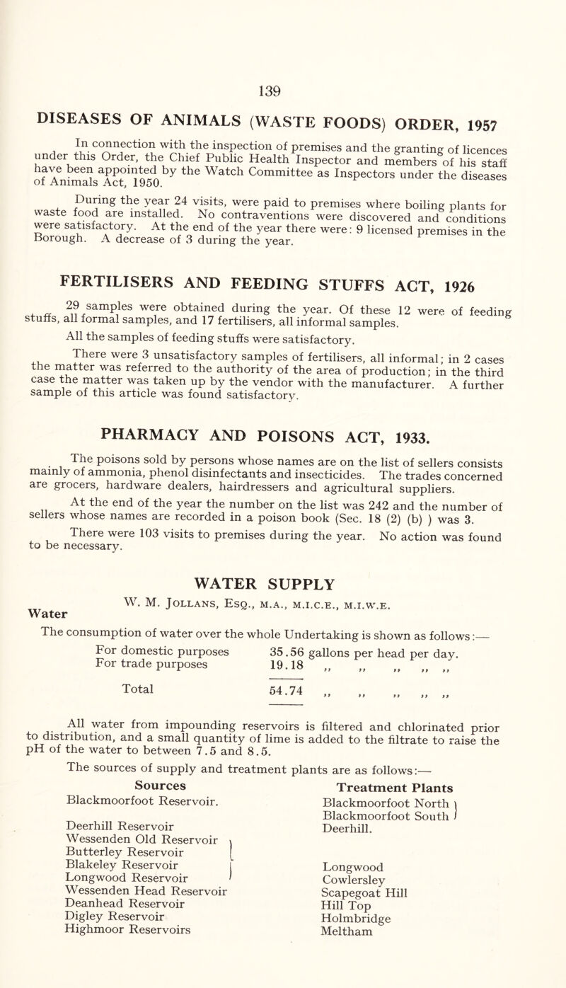 DISEASES OF ANIMALS (WASTE FOODS) ORDER, 195? , connection with the inspection of premises and the granting of licences under this Order, the Chief Public Health Inspector and members of his staff oTAenhraHaActO11950by ^ Wat°h Committee as Inspectors under the diseases During the year 24 visits, were paid to premises where boiling plants for waste food are installed. No contraventions were discovered and conditions were satisfactory. At the end of the year there were: 9 licensed premises in the Borough. A decrease of 3 during the year. FERTILISERS AND FEEDING STUFFS ACT, 1926 29 samples were obtained during the year. Of these 12 were of feeding stuffs, all formal samples, and 17 fertilisers, all informal samples. All the samples of feeding stuffs were satisfactory. There were 3 unsatisfactory samples of fertilisers, all informal; in 2 cases the matter was referred to the authority of the area of production; in the third case the matter was taken up by the vendor with the manufacturer. A further sample of this article was found satisfactory. PHARMACY AND POISONS ACT, 1933. The poisons sold by persons whose names are on the list of sellers consists mainly of ammonia, phenol disinfectants and insecticides. The trades concerned are grocers, hardware dealers, hairdressers and agricultural suppliers. At the end of the year the number on the list was 242 and the number of sellers whose names are recorded in a poison book (Sec. 18 (2) (b) ) was 3. There were 103 visits to premises during the year. No action was found to be necessary. WATER SUPPLY W. M. Jollans, Esq., m.a., m.i.c.e., m.i.w.e. Water The consumption of water over the whole Undertaking is shown as follows:— For domestic purposes 35.56 gallons per head per day. For trade purposes 19.18 ,, „ „ ,, „ Total 54.74 9 9 9 9 99 99 99 All water from impounding reservoirs is filtered and chlorinated prior to distribution, and a small quantity of lime is added to the filtrate to raise the pH of the water to between 7.5 and 8.5. The sources of supply and treatment plants are as follows: Sources Blackmoorfoot Reservoir. Deerhill Reservoir Wessenden Old Reservoir Butterley Reservoir Blakeley Reservoir Longwood Reservoir Wessenden Head Reservoir Deanhead Reservoir Digley Reservoir Highmoor Reservoirs Treatment Plants Blackmoorfoot North \ Blackmoorfoot South 1 Deerhill. Longwood Cowlersley Scapegoat Hill Hill Top Holmbridge Meltham