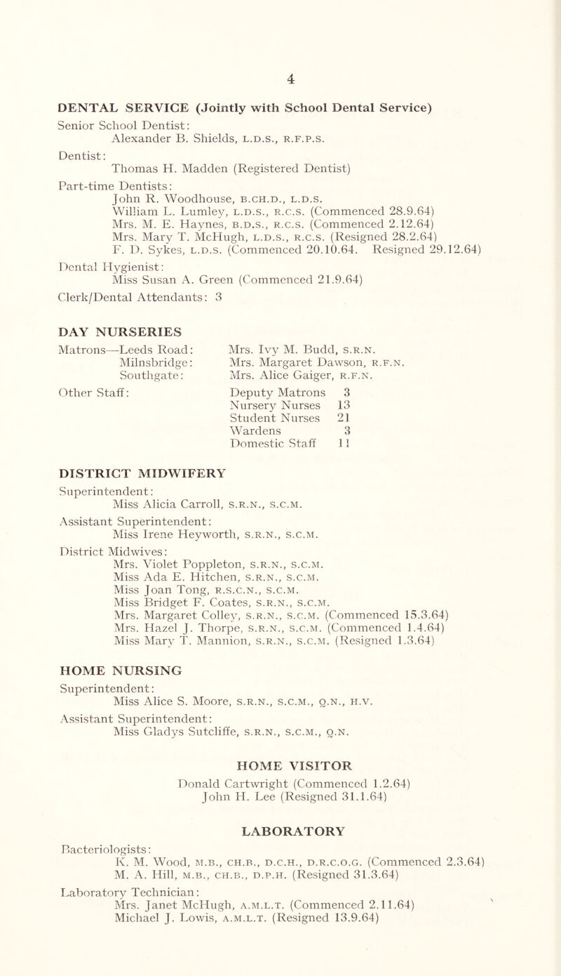 DENTAL SERVICE (Jointly with School Dental Service) Senior School Dentist: Alexander B. Shields, l.d.s., r.f.p.s. Dentist: Thomas H. Madden (Registered Dentist) Part-time Dentists: John R. Woodhouse, b.ch.d., l.d.s. William L. Lumley, l.d.s., r.c.s. (Commenced 28.9.64) Mrs. M. E. Haynes, b.d.s., r.c.s. (Commenced 2.12.64) Mrs. Mary T. McHugh, l.d.s., r.c.s. (Resigned 28.2.64) F. D. Sykes, l.d.s. (Commenced 20.10.64. Resigned 29.12.64) Dental Hygienist: Miss Susan A. Green (Commenced 21.9.64) Clerk/Dental Attendants: 3 DAY NURSERIES Matrons—Leeds Road: Milnsbridge: Southgate: Other Staff: Mrs. Ivy M. Budd, s.r.n. Mrs. Margaret Dawson, r.f.n. Mrs. Alice Gaiger, r.f.n. Deputy Matrons 3 Nursery Nurses 13 Student Nurses 21 Wardens 3 Domestic Staff 11 DISTRICT MIDWIFERY Superintendent: Miss Alicia Carroll, s.r.n., s.c.m. Assistant Superintendent: Miss Irene Heyworth, s.r.n., s.c.m. District Midwives: Mrs. Violet Poppleton, s.r.n., s.c.m. Miss Ada E. Kitchen, s.r.n., s.c.m. Miss Joan Tong, r.s.c.n., s.c.m. Miss Bridget F. Coates, s.r.n., s.c.m. Mrs. Margaret Colley, s.r.n., s.c.m. (Commenced 15.3.64) Mrs. Hazel J. Thorpe, s.r.n., s.c.m. (Commenced 1.4.64) Miss Mary T. Mannion, s.r.n., s.c.m. (Resigned 1.3.64) HOME NURSING Superintendent: Miss Alice S. Moore, s.r.n., s.c.m., q.n., h.v. Assistant Superintendent: Miss Gladys Sutcliffe, s.r.n., s.c.m., q.n. HOME VISITOR Donald Cartwright (Commenced 1.2.64) John H. Lee (Resigned 31.1.64) LABORATORY Bacteriologists: K. M. Wood, m.b., ch.r., d.c.h., d.r.c.o.g. (Commenced 2.3.64) M. A. Hill, m.b., ch.b., d.p.h. (Resigned 31.3.64) Laboratory Technician: Mrs. Janet McHugh, a.m.l.t. (Commenced 2.11.64) Michael J. Lowis, a.m.l.t. (Resigned 13.9.64)