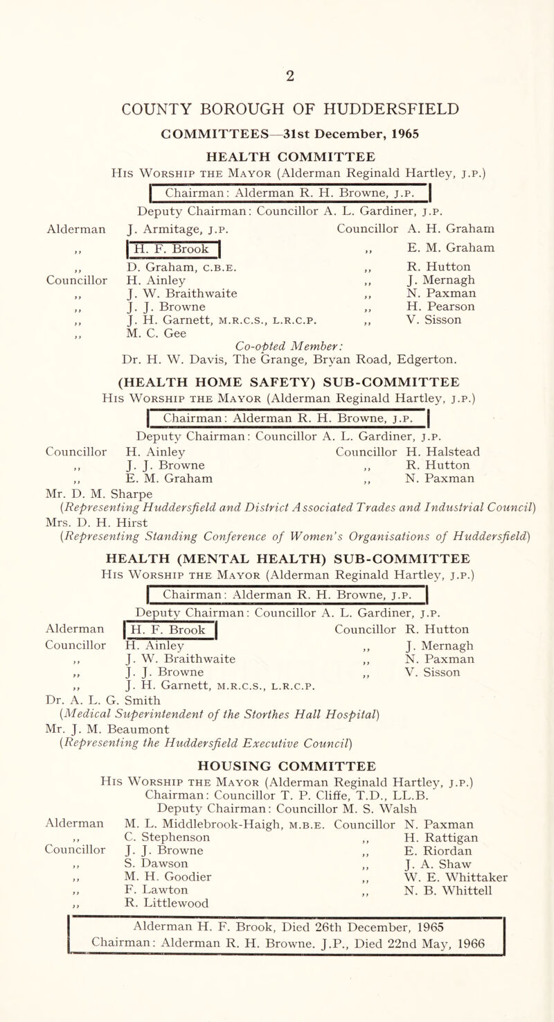 COUNTY BOROUGH OF HUDDERSFIELD COMMITTEES—31st December, 1965 HEALTH COMMITTEE His Worship the Mayor (Alderman Reginald Hartley, j.p.) Chairman: Alderman R. H. Browne, j.p. | Deputy Chairman: Councillor A. L. Gardiner, j.p. J. Armitage, j.p. Councillor A. H. Graham E. M. Graham R. Hutton J. Mernagh N. Paxman H. Pearson V. Sisson Alderman ” | H, F. Brook | ,, D. Graham, c.b.e. Councillor H. Ainley ,, J. W. Braithwaite ,, J. J. Browne ,, J. H. Garnett, m.r.c.s., l.r.c.p ,, M. C. Gee Co-opted Member: Dr. H. W. Davis, The Grange, Bryan Road, Edgerton. (HEALTH HOME SAFETY) SUB-COMMITTEE His Worship the Mayor (Alderman Reginald Hartley, j.p.) Chairman: Alderman R. H. Browne, j.p. J Deputy Chairman: Councillor A. L. Gardiner, j.p. Councillor H. Ainley Councillor H. Halstead ,, J- J- Browne ,, R. Hutton ,, E. M. Graham ,, N. Paxman Mr. D. M. Sharpe (.Representing Huddersfield and District Associated Trades and Industrial Council) Mrs. D. H. Hirst (.Representing Standing Conference of Women’s Organisations of Huddersfield) HEALTH (MENTAL HEALTH) SUB-COMMITTEE His Worship the Mayor (Alderman Reginald Hartley, j.p.) | Chairman: Alderman R. H. Browne, j.p. | Alderman Councillor Deputy Chairman: Councillor A. L. Gardiner, j.p. | H. F. Brook | Councillor R. Hutton J. Mernagh N. Paxman V. Sisson H. Ainley ,, J. W. Braithwaite ,, J- J- Browne „ J. H. Garnett, m.r.c.s., l.r.c.p. Dr. A. L. G. Smith (■Medical Superintendent of the Storthes Hall Hospital) Mr. J. M. Beaumont (Representing the Huddersfield Executive Council) HOUSING COMMITTEE His Worship the Mayor (Alderman Reginald Hartley, j.p.) Chairman: Councillor T. P. Cliffe, T.D., LL.B. Deputy Chairman: Councillor M. S. Walsh M. L. Middlebrook-Haigh, m.b.e. Councillor N. Paxman Alderman y y Councillor C. Stephenson J. J. Browne S. Dawson M. H, Goodier F. Lawton R. Littlewood H. Rattigan E. Riordan J. A. Shaw W. E. Whittaker N. B. Whittell Alderman H. F. Brook, Died 26th December, 1965 Chairman: Alderman R. H. Browne. J.P., Died 22nd May, 1966