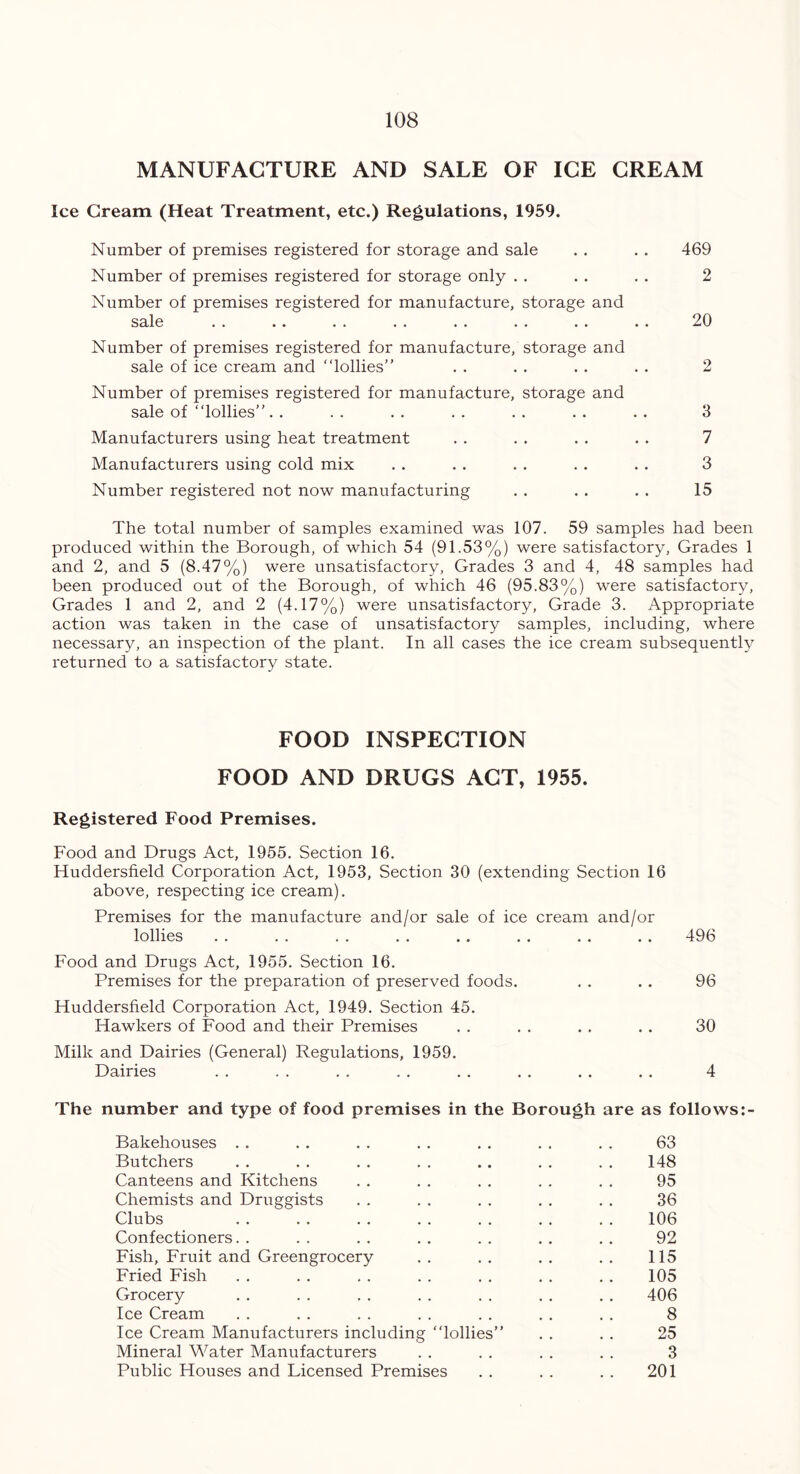 MANUFACTURE AND SALE OF ICE CREAM Ice Cream (Heat Treatment, etc.) Regulations, 1959. Number of premises registered for storage and sale . . . . 469 Number of premises registered for storage only . . . . . . 2 Number of premises registered for manufacture, storage and sale . . . . . . . . . . . . . . . . 20 Number of premises registered for manufacture, storage and sale of ice cream and “lollies” . . . . . . . . 2 Number of premises registered for manufacture, storage and sale of “lollies”. . . . . . . . . . . . . . 3 Manufacturers using heat treatment . . . . . . . . 7 Manufacturers using cold mix . . . . . . . . . . 3 Number registered not now manufacturing . . . . . . 15 The total number of samples examined was 107. 59 samples had been produced within the Borough, of which 54 (91.53%) were satisfactory, Grades 1 and 2, and 5 (8.47%) were unsatisfactory, Grades 3 and 4, 48 samples had been produced out of the Borough, of which 46 (95.83%) were satisfactory, Grades 1 and 2, and 2 (4.17%) were unsatisfactory, Grade 3. Appropriate action was taken in the case of unsatisfactory samples, including, where necessary, an inspection of the plant. In all cases the ice cream subsequently returned to a satisfactory state. FOOD INSPECTION FOOD AND DRUGS ACT, 1955. Registered Food Premises. Food and Drugs Act, 1955. Section 16. Huddersfield Corporation Act, 1953, Section 30 (extending Section 16 above, respecting ice cream). Premises for the manufacture and/or sale of ice cream and/or lollies . . . . . . . . . . . . . . . . 496 Food and Drugs Act, 1955. Section 16. Premises for the preparation of preserved foods. . . . . 96 Huddersfield Corporation Act, 1949. Section 45. Hawkers of Food and their Premises . . . . . . . . 30 Milk and Dairies (General) Regulations, 1959. Dairies . . . . . . . . . . . . . . . . 4 The number and type of food premises in the Borough are as follows:- Bakehouses . . . . . . . . . . . . . . 63 Butchers . . . . . . . . .. . . . . 148 Canteens and Kitchens . . . . . . . . . . 95 Chemists and Druggists . . . . . . . . . . 36 Clubs . . . . . . . . . . . . . . 106 Confectioners. . . . . . . . . . . . . . 92 Fish, Fruit and Greengrocery . . . . . . . . 115 Fried Fish . . . . . . . . . . . . . . 105 Grocery . . . . . . . . . . . . . . 406 Ice Cream . . . . . . . . . . . . . . 8 Ice Cream Manufacturers including “lollies” . . . . 25 Mineral Water Manufacturers . . . . . . . . 3 Public Houses and Licensed Premises . . . . . . 201