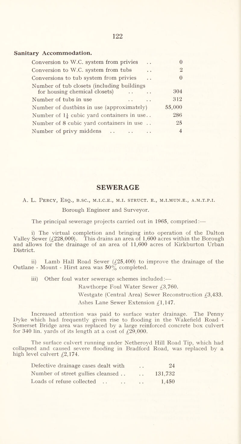 Sanitary Accommodation. Conversion to W.C. system from privies . . 0 Conversion to W.C. system from tubs . . 2 Conversions to tub system from privies . . 0 Number of tub closets (including buildings for housing chemical closets) . . . . 304 Number of tubs in use . . . . 312 Number of dustbins in use (approximately) 55,000 Number of 1^ cubic yard containers in use. . 286 Number of 8 cubic yard containers in use . . 25 Number of privy middens . . . . . . 4 SEWERAGE A. L. Percy, Esq., b.sc., m.i.c.e., m.i. struct, e., m.i.mun.e., a.m.t.p.i. Borough Engineer and Surveyor. The principal sewerage projects carried out in 1965, comprised:—- i) The virtual completion and bringing into operation of the Dalton Valley Sewer (^228,000). This drains an area of 1,600 acres within the Borough and allows for the drainage of an area of 11,600 acres of Kirkburton Urban District. ii) Lamb Hall Road Sewer (^25,400) to improve the drainage of the Outlane - Mount - Hirst area was 50% completed. iii) Other foul water sewerage schemes included :■— Rawthorpe Foul Water Sewer ^3,760. Westgate (Central Area) Sewer Reconstruction ^3,433. Ashes Lane Sewer Extension % 1,147. Increased attention was paid to surface water drainage. The Penny Dyke which had frequently given rise to flooding in the Wakefield Road - Somerset Bridge area was replaced by a large reinforced concrete box culvert for 340 lin. yards of its length at a cost of ^29,000. The surface culvert running under Netheroyd Hill Road Tip, which had collapsed and caused severe flooding in Bradford Road, was replaced by a high level culvert ^2,174. Defective drainage cases dealt with . . 24 Number of street gullies cleansed . . . . 131,732 Loads of refuse collected .. . . .. 1,450