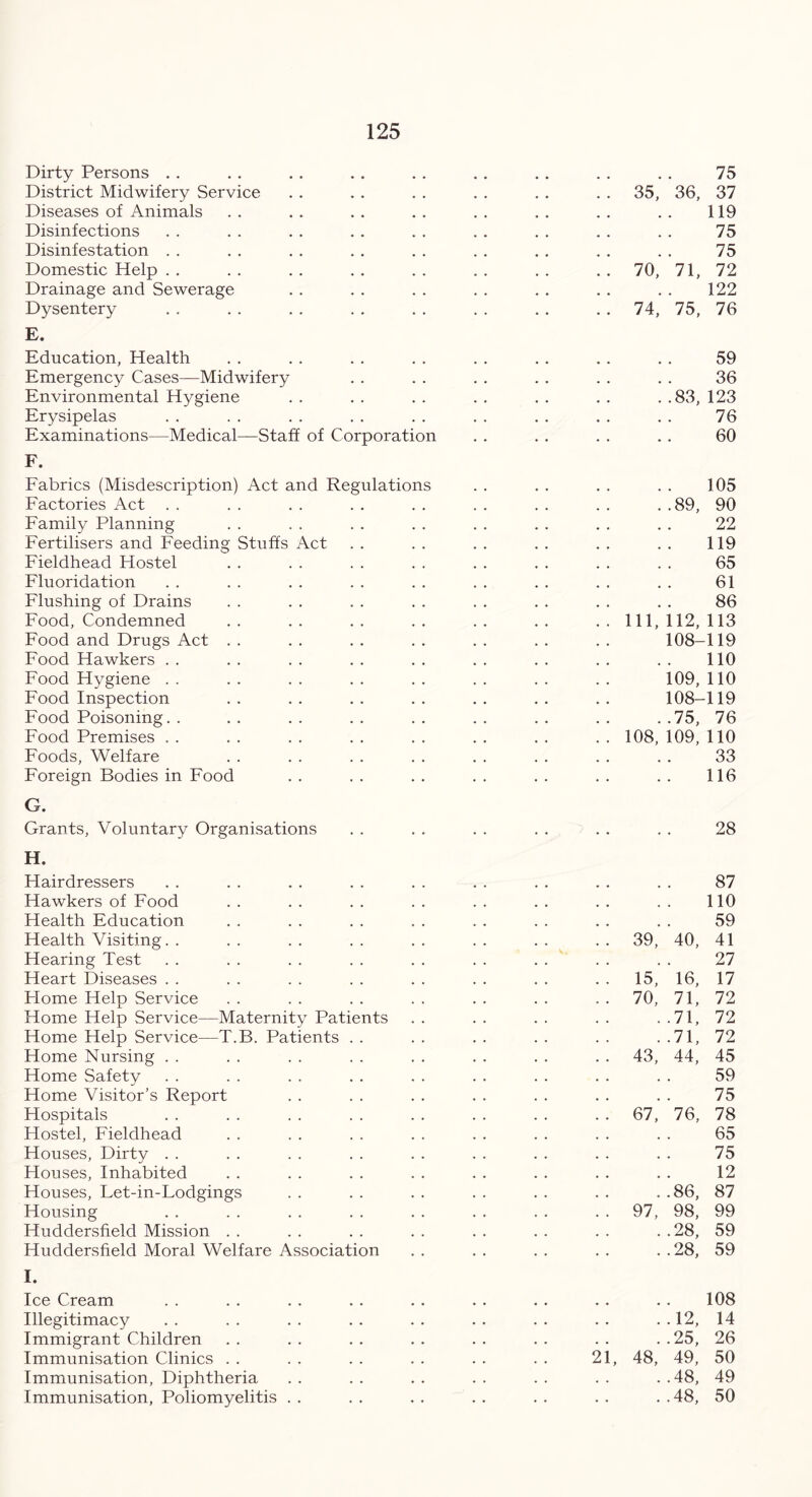 Dirty Persons District Midwifery Service Diseases of Animals Disinfections Disinfestation Domestic Help Drainage and Sewerage Dysentery E. Education, Health Emergency Cases—Midwifery Environmental Hygiene Erysipelas Examinations—Medical—Staff of Corporation F. Fabrics (Misdescription) Act and Regulations Factories Act Family Planning Fertilisers and Feeding Stuffs Act Fieldhead Hostel Fluoridation Flushing of Drains Food, Condemned Food and Drugs Act Food Hawkers Food Hygiene Food Inspection Food Poisoning. . Food Premises Foods, Welfare Foreign Bodies in Food G. Grants, Voluntary Organisations H. Hairdressers Hawkers of Food Health Education Health Visiting. . Hearing Test Heart Diseases Home Help Service Home Help Service—Maternity Patients Home Help Service—T.B. Patients Home Nursing Home Safety Home Visitor’s Report Hospitals Hostel, Fieldhead Houses, Dirty Houses, Inhabited Houses, Let-in-Lodgings Housing Huddersfield Mission Huddersfield Moral Welfare Association I. Ice Cream Illegitimacy Immigrant Children Immunisation Clinics Immunisation, Diphtheria Immunisation, Poliomyelitis 21, # # 75 35, 36, 37 , , 119 75 75 70, 71, 72 , , 122 74, 75, 76 59 36 ' *83, 123 76 60 105 . .89, 90 22 119 65 61 86 111, 112, 113 108- 119 , , 110 109, 110 108- 119 ..75, 76 108, 109, 110 . # 33 116 28 87 , , 110 59 39, 40, 41 27 15, 16, 17 70, 71, 72 . .71, 72 ..71, 72 43, 44, 45 59 75 67, 76, 78 65 75 12 *86, 87 97, 98, 99 ..28, 59 ..28, 59 108 • • 12, 14 ..25, 26 48, 49, 50 ..48, 49 ..48, 50