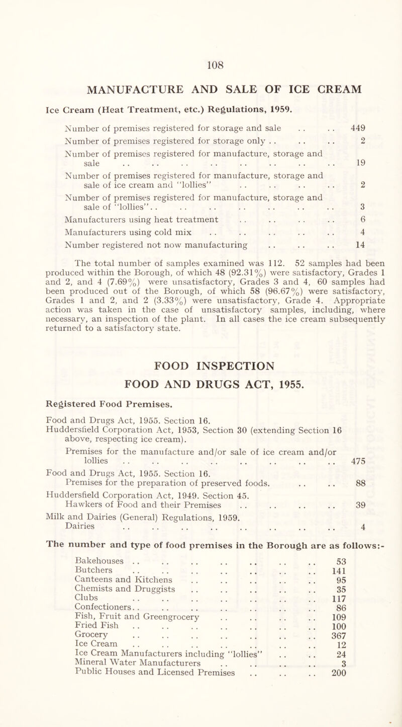 MANUFACTURE AND SALE OF ICE CREAM Ice Cream (Heat Treatment, etc.) Regulations, 1959. Number of premises registered for storage and sale . . . . 449 Number of premises registered for storage only . . . . . . 2 Number of premises registered for manufacture, storage and sale . . . . . . . . . . . . . . . . 19 Number of premises registered for manufacture, storage and sale of ice cream and “lollies” . . . . . . . . 2 Number of premises registered for manufacture, storage and sale of “lollies”. . . . . . . . . . . . . . 3 Manufacturers using heat treatment . . . . . . . . 6 Manufacturers using cold mix . . . . . . . . . . 4 Number registered not now manufacturing . . . . . . 14 The total number of samples examined was 112. 52 samples had been produced within the Borough, of which 48 (92.31%) were satisfactory. Grades 1 and 2, and 4 (7.69%) were unsatisfactory, Grades 3 and 4, 60 samples had been produced out of the Borough, of which 58 (96.67%) were satisfactory, Grades 1 and 2, and 2 (3.33%) were unsatisfactory, Grade 4. Appropriate action was taken in the case of unsatisfactory samples, including, where necessary, an inspection of the plant. In all cases the ice cream subsequently returned to a satisfactory state. FOOD INSPECTION FOOD AND DRUGS ACT, 1955. Registered Food Premises. Food and Drugs Act, 1955. Section 16. Huddersfield Corporation Act, 1953, Section 30 (extending Section 16 above, respecting ice cream). Premises for the manufacture and/or sale of ice cream and/or lollies . . . . . . . . . . . . . . . . 475 Food and Drugs Act, 1955. Section 16. Premises for the preparation of preserved foods. . . . . 88 Huddersfield Corporation Act, 1949. Section 45. Hawkers of Food and their Premises . . . . . . .. 39 Milk and Dairies (General) Regulations, 1959. Dairies 4 The number and type of food premises in the Borough are as follows:- Bakehouses . . . . . . . . . . . . . . 53 Butchers . . . . . . . . .. . , . . 141 Canteens and Kitchens . . . . . . . . . . 95 Chemists and Druggists . . . . . . . . . . 35 Clubs 117 Confectioners. . . . . . . . . . . . . . 86 Fish, Fruit and Greengrocery . . . . . . . . 109 Fried Fish 100 Grocery 367 Ice Cream . . . . . . . . . . , , . . 12 Ice Cream Manufacturers including “lollies” . . . . 24 Mineral Water Manufacturers . . . . . . . . 3 Public Houses and Licensed Premises . . . . . . 200
