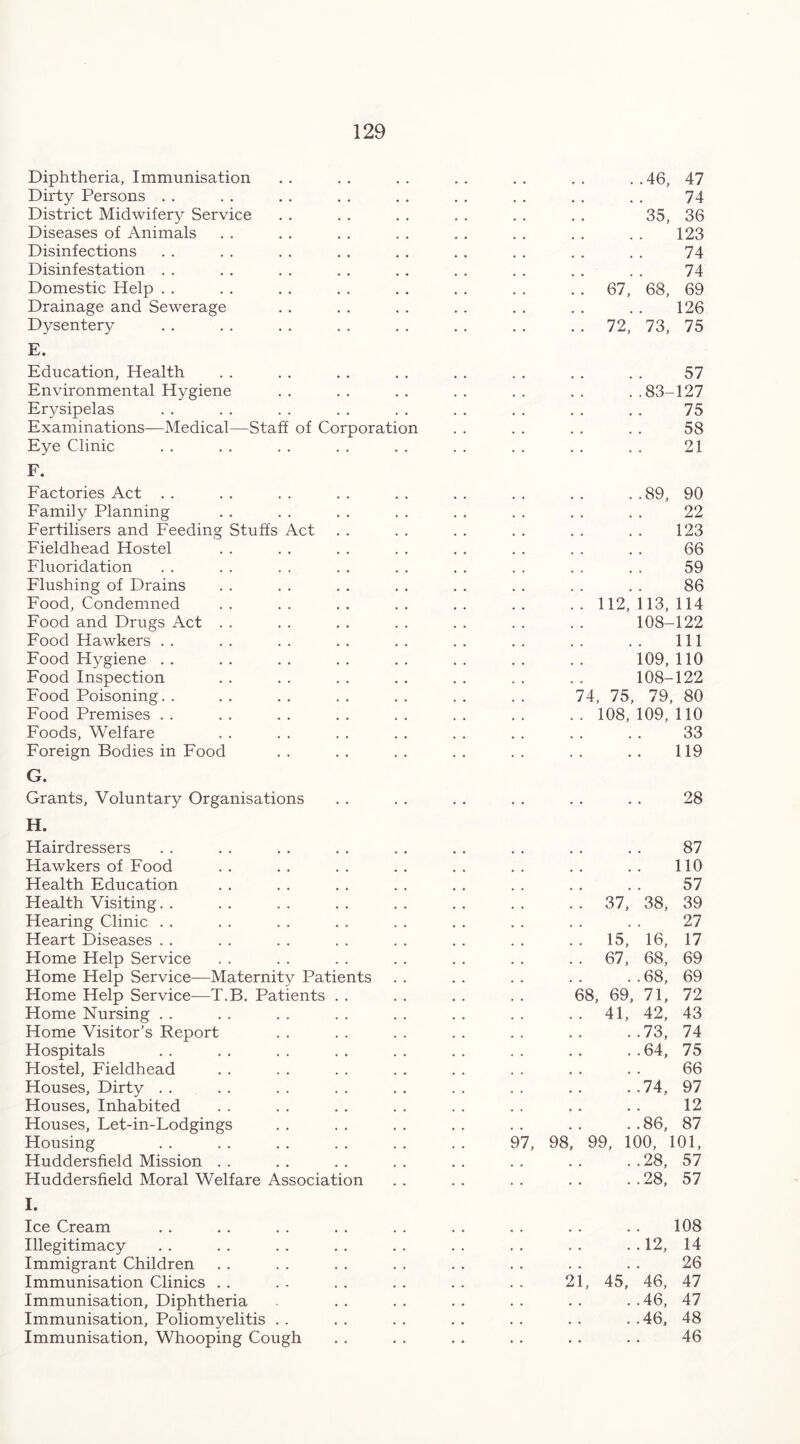 Diphtheria, Immunisation Dirty Persons District Midwifery Service Diseases of Animals Disinfections Disinfestation Domestic Help Drainage and Sewerage Dysentery E. Education, Health Environmental Hygiene Erysipelas Examinations—Medical—Staff of Corporation Eye Clinic F. Factories Act Family Planning Fertilisers and Feeding Stuffs Act Fieldhead Hostel Fluoridation Flushing of Drains Food, Condemned Food and Drugs Act Food Hawkers Food Hygiene Food Inspection Food Poisoning Food Premises Foods, Welfare Foreign Bodies in Food G. Grants, Voluntary Organisations H. Hairdressers Hawkers of Food Health Education Health Visiting Hearing Clinic Heart Diseases Home Help Service Home Help Service—Maternity Patients Home Help Service—T.B. Patients Home Nursing Home Visitor’s Report Hospitals Hostel, Fieldhead Houses, Dirty Houses, Inhabited Houses, Let-in-Lodgings Housing Huddersfield Mission Huddersfield Moral Welfare Association I. Ice Cream Illegitimacy Immigrant Children Immunisation Clinics Immunisation, Diphtheria Immunisation, Poliomyelitis Immunisation, Whooping Cough ..46, 35, 67,' * 68, 72, 73, 47 74 36 123 74 74 69 126 75 83- 57 127 75 58 21 ..89, 90 22 123 66 59 86 . 112, 113, 114 108-122 111 109,110 108-122 74, 75, 79, 80 . 108,109,110 33 119 28 97, , , 87 # # # 110 # 57 . 37, 38, 39 , , # 27 . 15, 16, 17 . 67, 68, 69 , , .68, 69 68, 69, 71, 72 • 41, 42, 43 .73, 74 .64, 75 66 • 74, 97 # 12 .86, 87 99, 100, 101, .28, 57 .28, 57 21, 108 ..12, 14 26 45, 46, 47 ..46, 47 ..46, 48 46