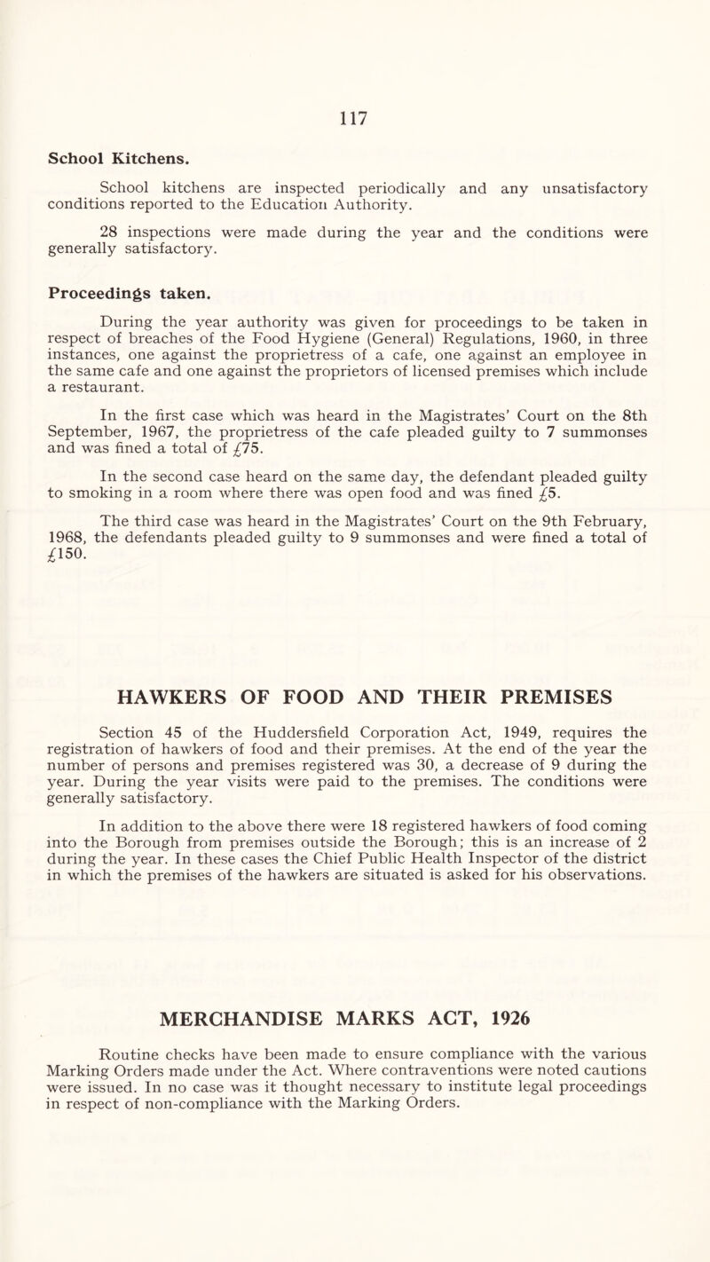 School Kitchens. School kitchens are inspected periodically and any unsatisfactory conditions reported to the Education Authority. 28 inspections were made during the year and the conditions were generally satisfactory. Proceedings taken. During the year authority was given for proceedings to be taken in respect of breaches of the Food Hygiene (General) Regulations, 1960, in three instances, one against the proprietress of a cafe, one against an employee in the same cafe and one against the proprietors of licensed premises which include a restaurant. In the first case which was heard in the Magistrates’ Court on the 8th September, 1967, the proprietress of the cafe pleaded guilty to 7 summonses and was fined a total of £15. In the second case heard on the same day, the defendant pleaded guilty to smoking in a room where there was open food and was fined ^5. The third case was heard in the Magistrates’ Court on the 9th February, 1968, the defendants pleaded guilty to 9 summonses and were fined a total of £150. HAWKERS OF FOOD AND THEIR PREMISES Section 45 of the Huddersfield Corporation Act, 1949, requires the registration of hawkers of food and their premises. At the end of the year the number of persons and premises registered was 30, a decrease of 9 during the year. During the year visits were paid to the premises. The conditions were generally satisfactory. In addition to the above there were 18 registered hawkers of food coming into the Borough from premises outside the Borough; this is an increase of 2 during the year. In these cases the Chief Public Health Inspector of the district in which the premises of the hawkers are situated is asked for his observations. MERCHANDISE MARKS ACT, 1926 Routine checks have been made to ensure compliance with the various Marking Orders made under the Act. Where contraventions were noted cautions were issued. In no case was it thought necessary to institute legal proceedings in respect of non-compliance with the Marking Orders.