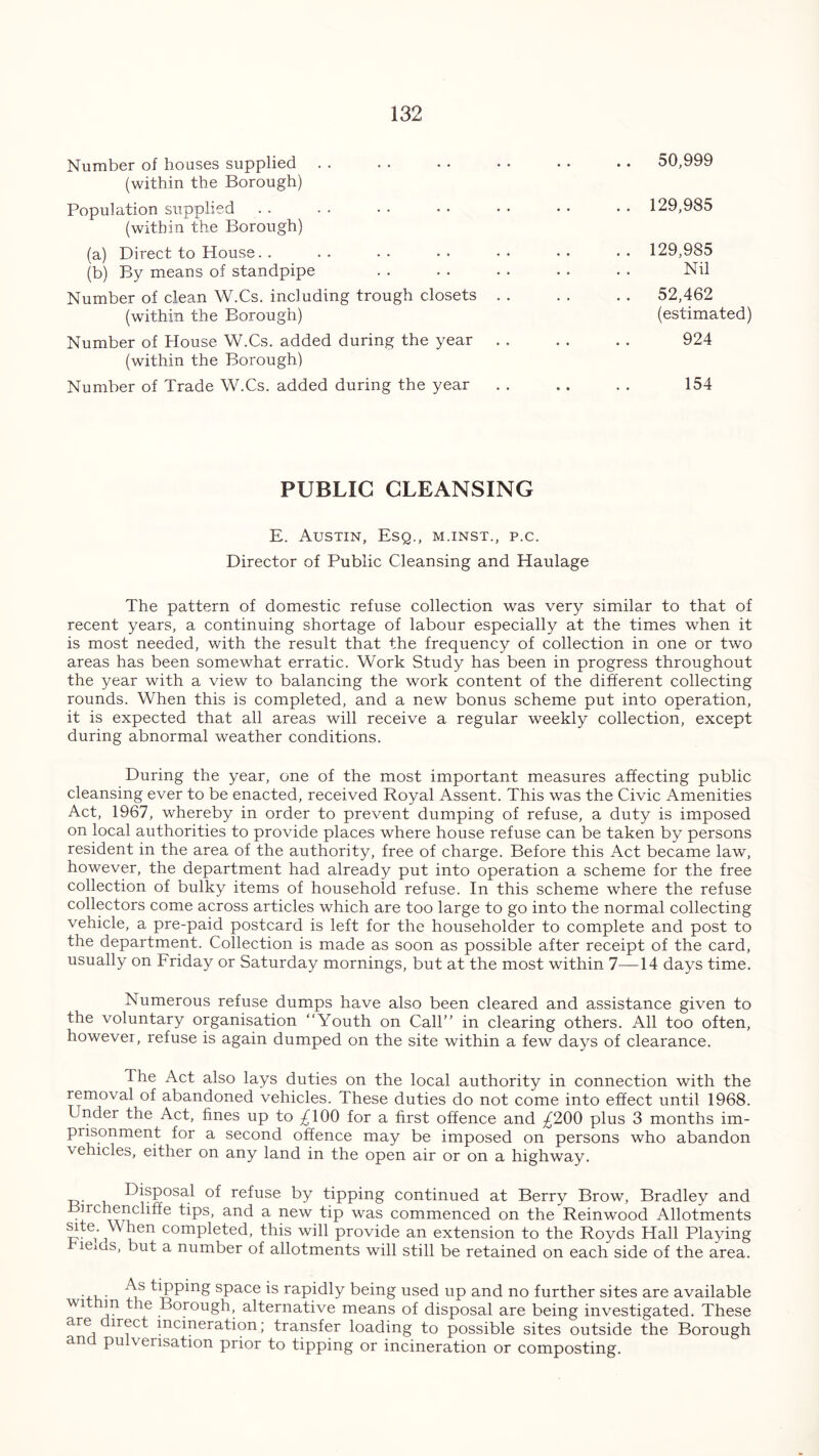 Number of houses supplied (within the Borough) Population supplied (within the Borough) (a) Direct to House. . (b) By means of standpipe Number of clean W.Cs. including trough closets (within the Borough) Number of House W.Cs. added during the year (within the Borough) Number of Trade W.Cs. added during the year 50,999 129,985 129,985 Nil 52,462 (estimated) 924 154 PUBLIC CLEANSING E. Austin, Esq., m.inst., p.c. Director of Public Cleansing and Haulage The pattern of domestic refuse collection was very similar to that of recent years, a continuing shortage of labour especially at the times when it is most needed, with the result that the frequency of collection in one or two areas has been somewhat erratic. Work Study has been in progress throughout the year with a view to balancing the work content of the different collecting rounds. When this is completed, and a new bonus scheme put into operation, it is expected that all areas will receive a regular weekly collection, except during abnormal weather conditions. During the year, one of the most important measures affecting public cleansing ever to be enacted, received Royal Assent. This was the Civic Amenities Act, 1967, whereby in order to prevent dumping of refuse, a duty is imposed on local authorities to provide places where house refuse can be taken by persons resident in the area of the authority, free of charge. Before this Act became law, however, the department had already put into operation a scheme for the free collection of bulky items of household refuse. In this scheme where the refuse collectors come across articles which are too large to go into the normal collecting vehicle, a pre-paid postcard is left for the householder to complete and post to the department. Collection is made as soon as possible after receipt of the card, usually on Friday or Saturday mornings, but at the most within 7—14 days time. Numerous refuse dumps have also been cleared and assistance given to the voluntary organisation “Youth on Call” in clearing others. All too often, howevei, refuse is again dumped on the site within a few days of clearance. The Act also lays duties on the local authority in connection with the removal of abandoned vehicles. These duties do not come into effect until 1968. Under the Act, fines up to ;£100 for a first offence and ^200 plus 3 months im- prisonment for a second offence may be imposed on persons who abandon vehicles, either on any land in the open air or on a highway. Disposal of refuse by tipping continued at Berry Brow, Bradley and irchenchffe tips, and a new tip was commenced on the Reinwood Allotments TT- e( p^en completed, this will provide an extension to the Royds Hall Playing leias, but a number of allotments will still be retained on each side of the area. sPace is rapidly being used up and no further sites are available wi m e Borough, alternative means of disposal are being investigated. These are irect incineration; transfer loading to possible sites outside the Borough and pulverisation prior to tipping or incineration or composting.