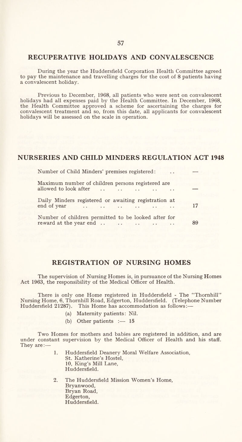 RECUPERATIVE HOLIDAYS AND CONVALESCENCE During the year the Huddersfield Corporation Health Committee agreed to pay the maintenance and travelling charges for the cost of 8 patients having a convalescent holiday. Previous to December, 1968, all patients who were sent on convalescent holidays had all expenses paid by the Health Committee. In December, 1968, the Health Committee approved a scheme for ascertaining the charges for convalescent treatment and so, from this date, all applicants for convalescent holidays will be assessed on the scale in operation. NURSERIES AND CHILD MINDERS REGULATION ACT 1948 Number of Child Minders’ premises registered: .. — Maximum number of children persons registered are allowed to look after . . . . . . .. . . — Daily Minders registered or awaiting registration at end of year .. .. . . . . .. . . 17 Number of children permitted to be looked after for reward at the year end . . . . . . . . . . 89 REGISTRATION OF NURSING HOMES The supervision of Nursing Homes is, in pursuance of the Nursing Homes Act 1963, the responsibility of the Medical Officer of Health. There is only one Home registered in Huddersfield - The “Thornhill” Nursing Home, 6, Thornhill Road, Edgerton, Huddersfield. (Telephone Number Huddersfield 21287). This Home has accommodation as follows:— (a) Maternity patients: Nil. (b) Other patients :— 15 Two Homes for mothers and babies are registered in addition, and are under constant supervision by the Medical Officer of Health and his staff. They are:— 1. Huddersfield Deanery Moral Welfare Association, St. Katherine’s Hostel, 10, King’s Mill Lane, Huddersfield. 2. The Huddersfield Mission Women’s Home, Bryanwood, Bryan Road, Edgerton, Huddersfield.