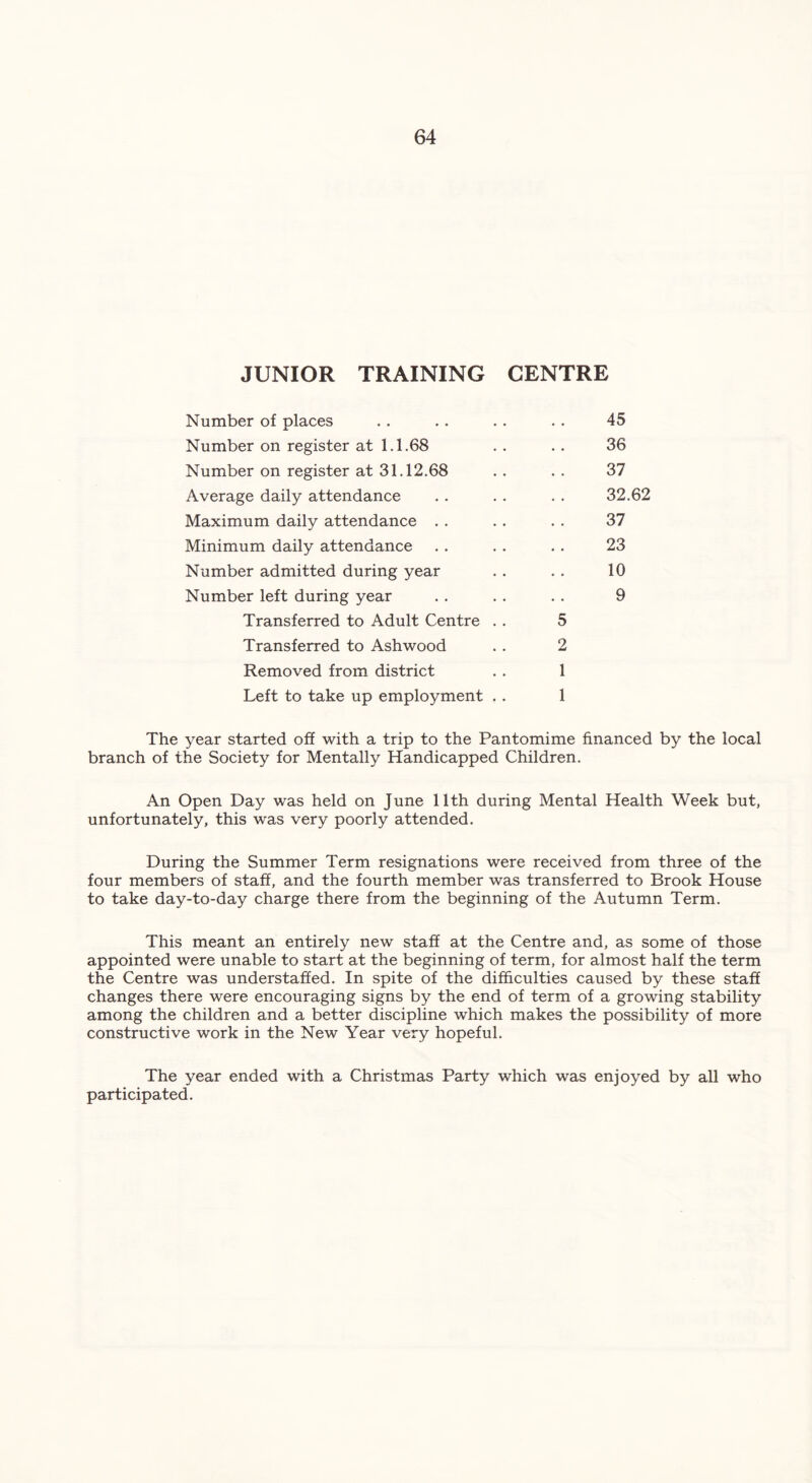 JUNIOR TRAINING CENTRE Number of places Number on register at 1.1.68 Number on register at 31.12.68 Average daily attendance Maximum daily attendance . . Minimum daily attendance Number admitted during year Number left during year 45 36 37 32.62 37 23 10 9 Transferred to Adult Centre Transferred to Ash wood Removed from district Left to take up employment 5 2 1 1 The year started off with a trip to the Pantomime financed by the local branch of the Society for Mentally Handicapped Children. An Open Day was held on June 11th during Mental Health Week but, unfortunately, this was very poorly attended. During the Summer Term resignations were received from three of the four members of staff, and the fourth member was transferred to Brook House to take day-to-day charge there from the beginning of the Autumn Term. This meant an entirely new staff at the Centre and, as some of those appointed were unable to start at the beginning of term, for almost half the term the Centre was understaffed. In spite of the difficulties caused by these staff changes there were encouraging signs by the end of term of a growing stability among the children and a better discipline which makes the possibility of more constructive work in the New Year very hopeful. The year ended with a Christmas Party which was enjoyed by all who participated.