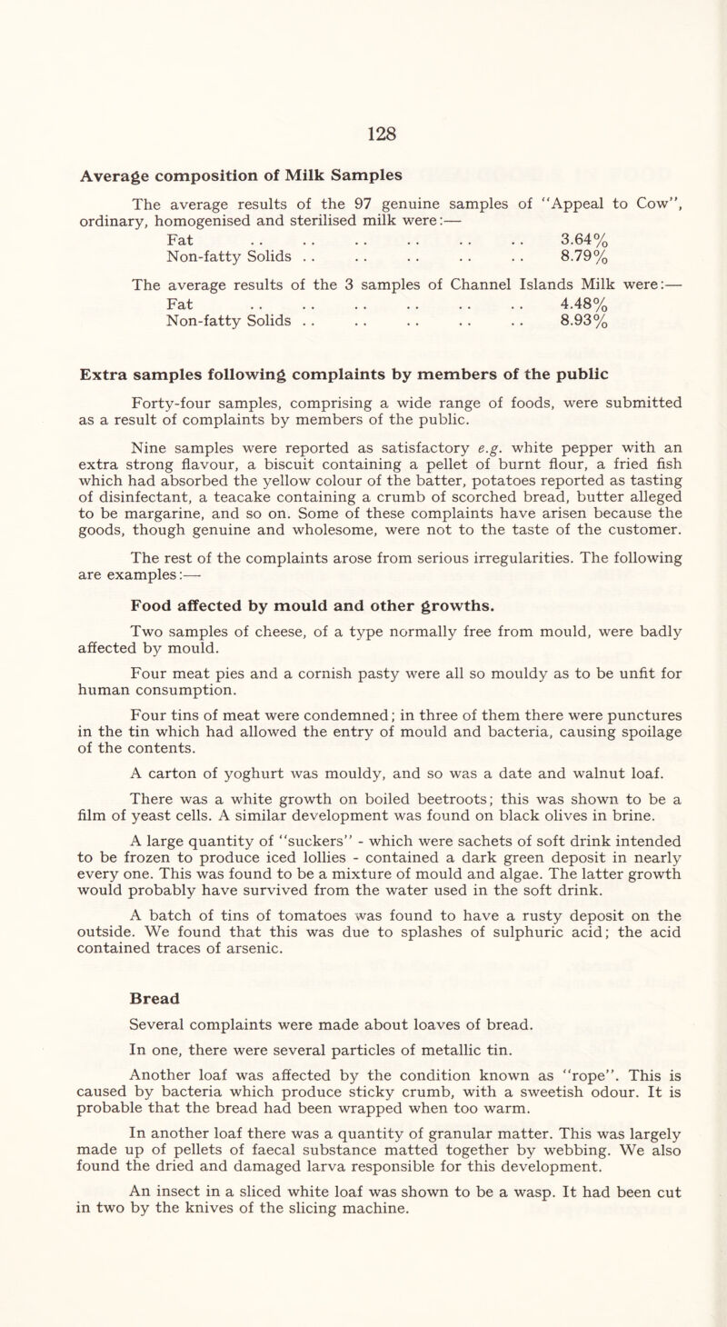 Average composition of Milk Samples The average results of the 97 genuine samples of “Appeal to Cow”, ordinary, homogenised and sterilised milk were:— Fat . . . . . . . . . . . . 3.64% Non-fatty Solids . . . . . . . . . . 8.79% The average results of the 3 samples of Channel Islands Milk were:— Fat . . . . . . . . . . . . 4.48% Non-fatty Solids . . . . . . . . . . 8.93% Extra samples following complaints by members of the public Forty-four samples, comprising a wide range of foods, were submitted as a result of complaints by members of the public. Nine samples were reported as satisfactory e.g. white pepper with an extra strong flavour, a biscuit containing a pellet of burnt flour, a fried fish which had absorbed the yellow colour of the batter, potatoes reported as tasting of disinfectant, a teacake containing a crumb of scorched bread, butter alleged to be margarine, and so on. Some of these complaints have arisen because the goods, though genuine and wholesome, were not to the taste of the customer. The rest of the complaints arose from serious irregularities. The following are examples:— Food affected by mould and other growths. Two samples of cheese, of a type normally free from mould, were badly affected by mould. Four meat pies and a cornish pasty were all so mouldy as to be unfit for human consumption. Four tins of meat were condemned; in three of them there were punctures in the tin which had allowed the entry of mould and bacteria, causing spoilage of the contents. A carton of yoghurt was mouldy, and so was a date and walnut loaf. There was a white growth on boiled beetroots; this was shown to be a film of yeast cells. A similar development was found on black olives in brine. A large quantity of “suckers” - which were sachets of soft drink intended to be frozen to produce iced lollies - contained a dark green deposit in nearly every one. This was found to be a mixture of mould and algae. The latter growth would probably have survived from the water used in the soft drink. A batch of tins of tomatoes was found to have a rusty deposit on the outside. We found that this was due to splashes of sulphuric acid; the acid contained traces of arsenic. Bread Several complaints were made about loaves of bread. In one, there were several particles of metallic tin. Another loaf was affected by the condition known as “rope”. This is caused by bacteria which produce sticky crumb, with a sweetish odour. It is probable that the bread had been wrapped when too warm. In another loaf there was a quantity of granular matter. This was largely made up of pellets of faecal substance matted together by webbing. We also found the dried and damaged larva responsible for this development. An insect in a sliced white loaf was shown to be a wasp. It had been cut in two by the knives of the slicing machine.