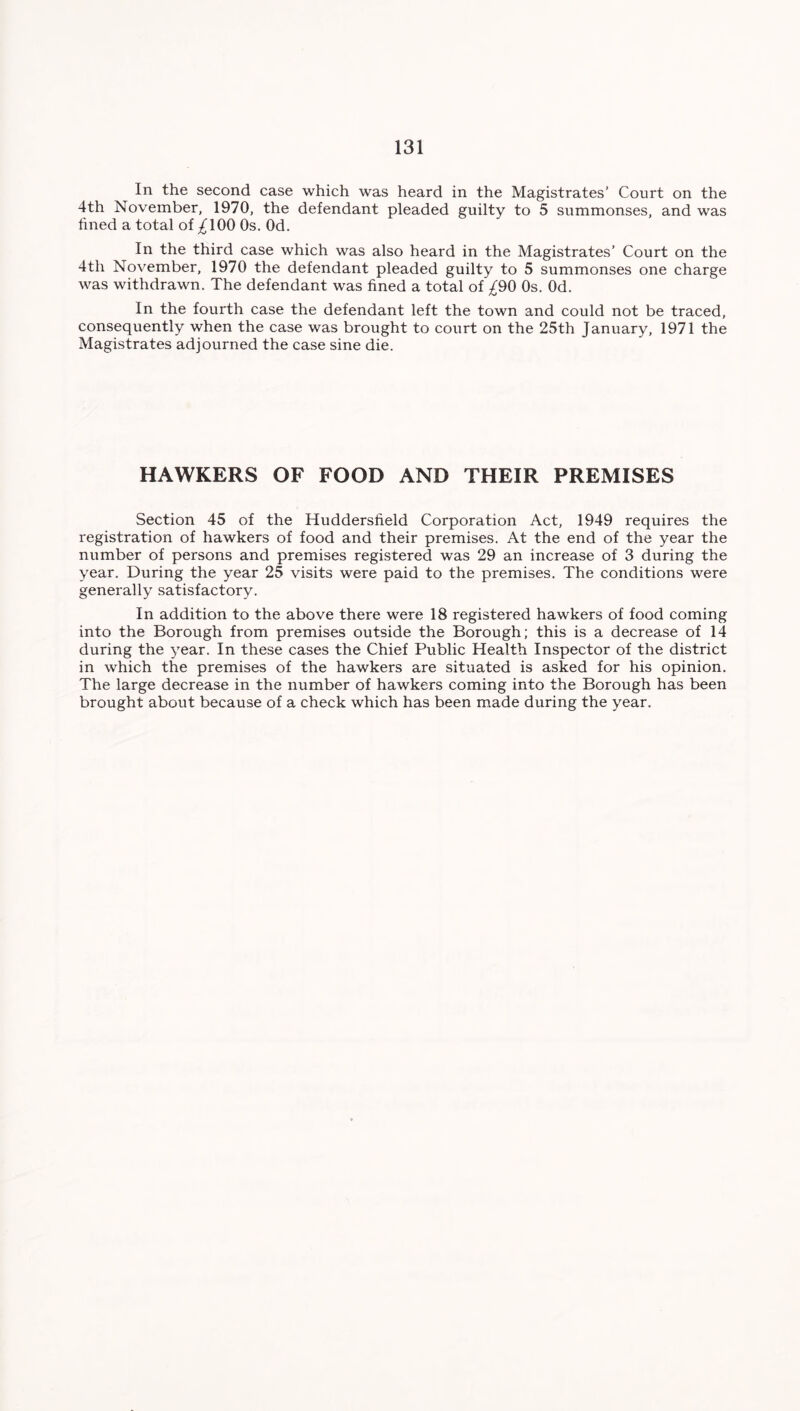 In the second case which was heard in the Magistrates’ Court on the 4th November, 1970, the defendant pleaded guilty to 5 summonses, and was fined a total of ^100 Os. Od. In the third case which was also heard in the Magistrates’ Court on the 4th November, 1970 the defendant pleaded guilty to 5 summonses one charge was withdrawn. The defendant was fined a total of ^90 0s. Od. In the fourth case the defendant left the town and could not be traced, consequently when the case was brought to court on the 25th January, 1971 the Magistrates adjourned the case sine die. HAWKERS OF FOOD AND THEIR PREMISES Section 45 of the Huddersfield Corporation Act, 1949 requires the registration of hawkers of food and their premises. At the end of the year the number of persons and premises registered was 29 an increase of 3 during the year. During the year 25 visits were paid to the premises. The conditions were generally satisfactory. In addition to the above there were 18 registered hawkers of food coming into the Borough from premises outside the Borough; this is a decrease of 14 during the year. In these cases the Chief Public Health Inspector of the district in which the premises of the hawkers are situated is asked for his opinion. The large decrease in the number of hawkers coming into the Borough has been brought about because of a check which has been made during the year.