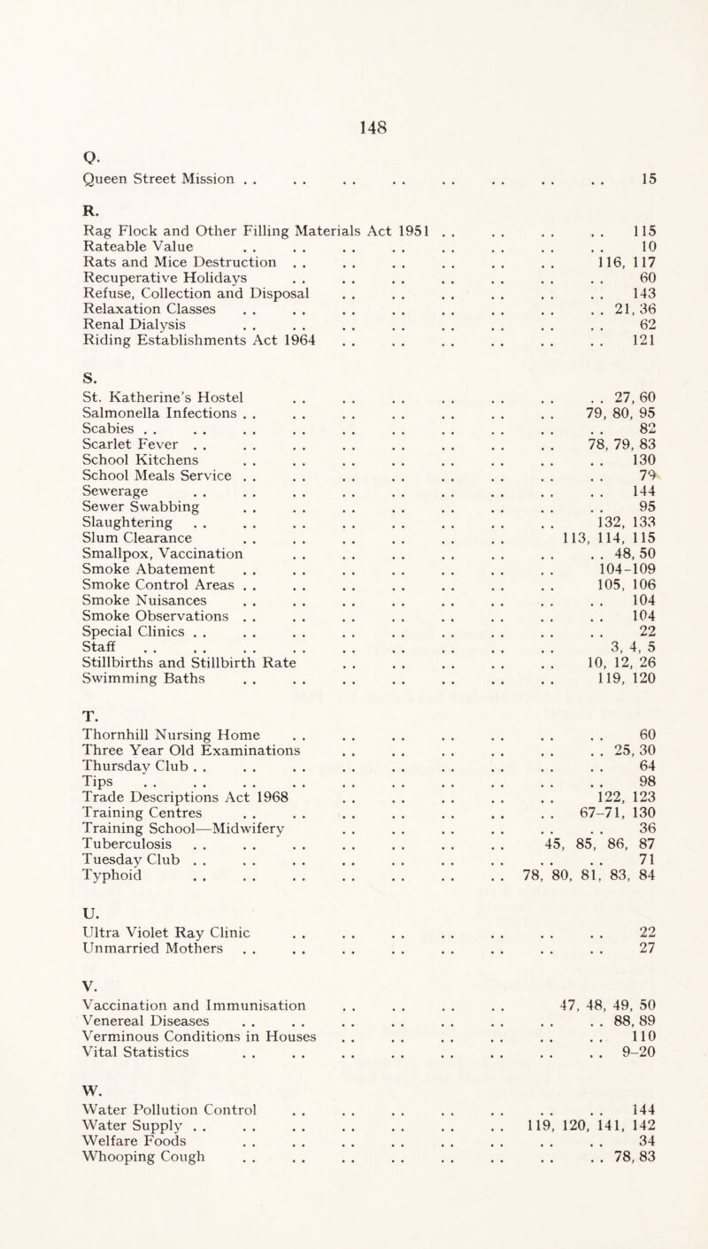 Q. Queen Street Mission 148 15 R. Rag Flock and Other Filling Materials Act 1951 Rateable Value Rats and Mice Destruction . . Recuperative Holidays Refuse, Collection and Disposal Relaxation Classes Renal Dialysis Riding Establishments Act 1964 S. St. Katherine’s Hostel . . . . . . . . . . . . . . 27, 60 Salmonella Infections . . . . . . . , . . . . . . 79, 80, 95 Scabies . . . . . . . . . . . . . . . . . . . . 82 Scarlet Fever . . . . . . . . . . . . . . . . 78, 79, 83 School Kitchens . . . . . . . . . . . . . . . . 130 School Meals Service . . . . . . . . . . . . . . . . 79 Sewerage . . . . . . . . . . . . . . . . . . 144 Sewer Swabbing . . . . . . . . . . . . . . . . 95 Slaughtering . . . . . . . . . . . . . . . . 132, 133 Slum Clearance . . . . . . . . . . . . 113, 114, 115 Smallpox, Vaccination . . . . . . . . . . . . . . 48, 50 Smoke Abatement . . . . . . . . . . . . . . 104-109 Smoke Control Areas . . . . . . . . . . . . . . 105, 106 Smoke Nuisances . . . . . . . . . . . . . . . . 104 Smoke Observations . . . . . . . . . . . . . . . . 104 Special Clinics . . . . . . . . . . . . . . . . . . 22 Staff . . . . . . . . . . . . . . . . . . 3, 4, 5 Stillbirths and Stillbirth Rate . . . . . . . . . . 10, 12, 26 Swimming Baths . . . . . . . . . . . . . . 119, 120 10 116, 117 60 143 . . 21, 36 62 121 T. Thornhill Nursing Home Three Year Old Examinations Thursday Club Tips Trade Descriptions Act 1968 Training Centres Training School—Midwifery Tuberculosis Tuesday Club Typhoid 78 60 . . 25, 30 64 98 122, 123 67-71, 130 36 45, 85, 86, 87 71 80, 81, 83, 84 U. Ultra Violet Ray Clinic . . . . . . . . . . . . . . 22 Unmarried Mothers . . . . . . . . . . . . . . . . 27 V. Vaccination and Immunisation . . . . . . . . 47, 48, 49, 50 Venereal Diseases . . . . . . . . . . . . . . . . 88, 89 Verminous Conditions in Houses . . . . . . . . . . . . 110 Vital Statistics . . . . . . . . . . . . . . . . 9-20 W. Water Pollution Control Water Supply Welfare Foods Whooping Cough 144 119, 120, 141, 142 34 . . 78, 83 • •