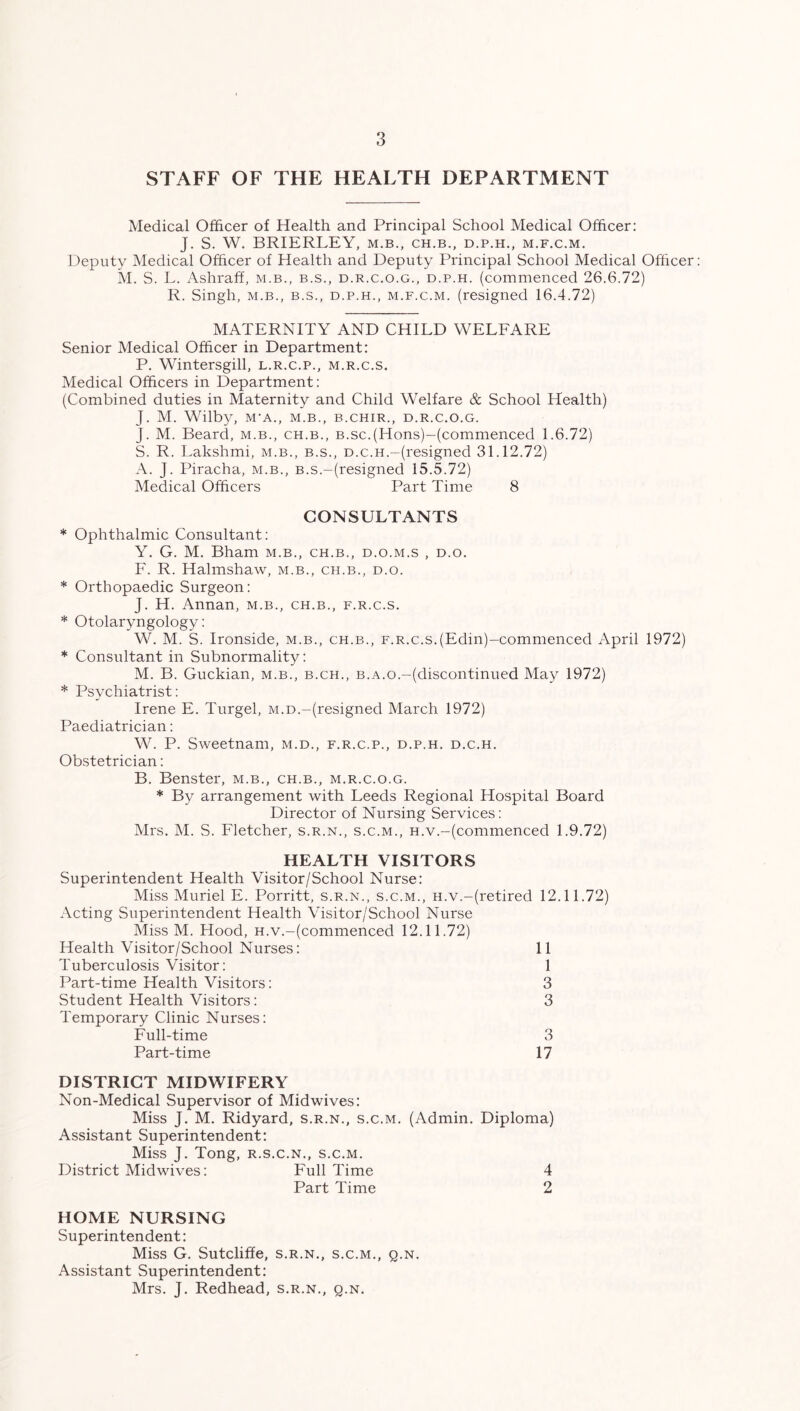 STAFF OF THE HEALTH DEPARTMENT Medical Officer of Health and Principal School Medical Officer: J. S. W. BRIERLEY, m.b., ch.b., d.p.h., m.f.c.m. Deputy Medical Officer of Health and Deputy Principal School Medical Officer M. S. L. Ashraff, m.b., b.s., d.r.c.o.g., d.p.h. (commenced 26.6.72) R. Singh, m.b., b.s., d.p.h., m.f.c.m. (resigned 16.4.72) MATERNITY AND CHILD WELFARE Senior Medical Officer in Department: P. Wintersgill, l.r.c.p., m.r.c.s. Medical Officers in Department: (Combined duties in Maternity and Child Welfare & School Health) J. M. Wilby, M'a., m.b., b.chir., d.r.c.o.g. J. M. Beard, m.b., ch.b., B.sc.(Hons)-(commenced 1.6.72) S. R. Lakshmi, m.b., b.s., d.c.h.-(resigned 31.12.72) A. J. Piracha, m.b., B.s.-(resigned 15.5.72) Medical Officers Part Time 8 CONSULTANTS * Ophthalmic Consultant: Y. G. M. Bham m.b., ch.b., d.o.m.s , d.o. F. R. Halmshaw, m.b., ch.b., d.o. * Orthopaedic Surgeon: J. H. Annan, m.b., ch.b., f.r.c.s. * Otolaryngology: W. M. S. Ironside, m.b., ch.b., f.r.c.s.(Edin)-commenced April 1972) * Consultant in Subnormality: M. B. Guckian, m.b., b.ch., b.a.o.-(discontinued May 1972) * Psychiatrist: Irene E. Turgel, m.d.-(resigned March 1972) Paediatrician: W. P. Sweetnam, m.d., f.r.c.p., d.p.h. d.c.h. Obstetrician: B. Benster, m.b., ch.b., m.r.c.o.g. * By arrangement with Leeds Regional Hospital Board Director of Nursing Services: Mrs. M. S. Fletcher, s.r.n., s.c.m., H.v.-(commenced 1.9.72) HEALTH VISITORS Superintendent Health Visitor/School Nurse: Miss Muriel E. Porritt, s.r.n., s.c.m., h.v.-(retired 12.11.72) Acting Superintendent Health Visitor/School Nurse Miss M. Hood, H.v.-(commenced 12.11.72) Health Visitor/School Nurses: 11 Tuberculosis Visitor: 1 Part-time Health Visitors: 3 Student Health Visitors: 3 Temporary Clinic Nurses: Full-time 3 Part-time 17 DISTRICT MIDWIFERY Non-Medical Supervisor of Midwives: Miss J. M. Ridyard, s.r.n., s.c.m. (Admin. Diploma) Assistant Superintendent: Miss J. Tong, r.s.c.n., s.c.m. District Midwives: Full Time 4 Part Time 2 HOME NURSING Superintendent: Miss G. Sutcliffe, s.r.n., s.c.m., q.n. Assistant Superintendent: Mrs. J. Redhead, s.r.n., q.n.